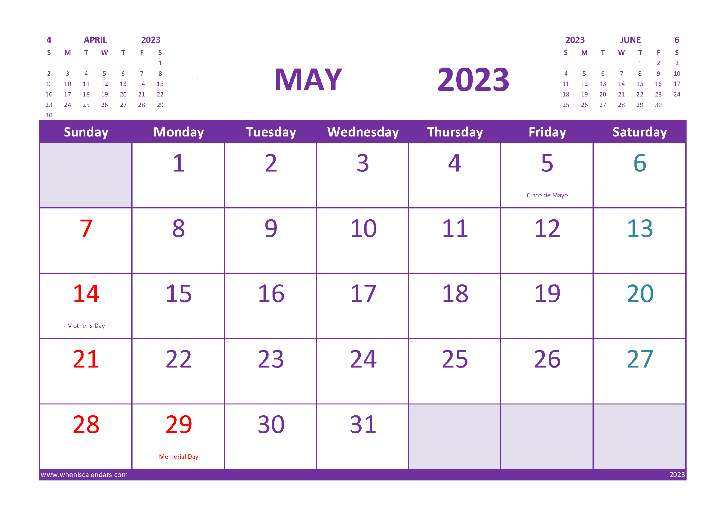 Free Printable Calendar May 2023 with Holidays width=