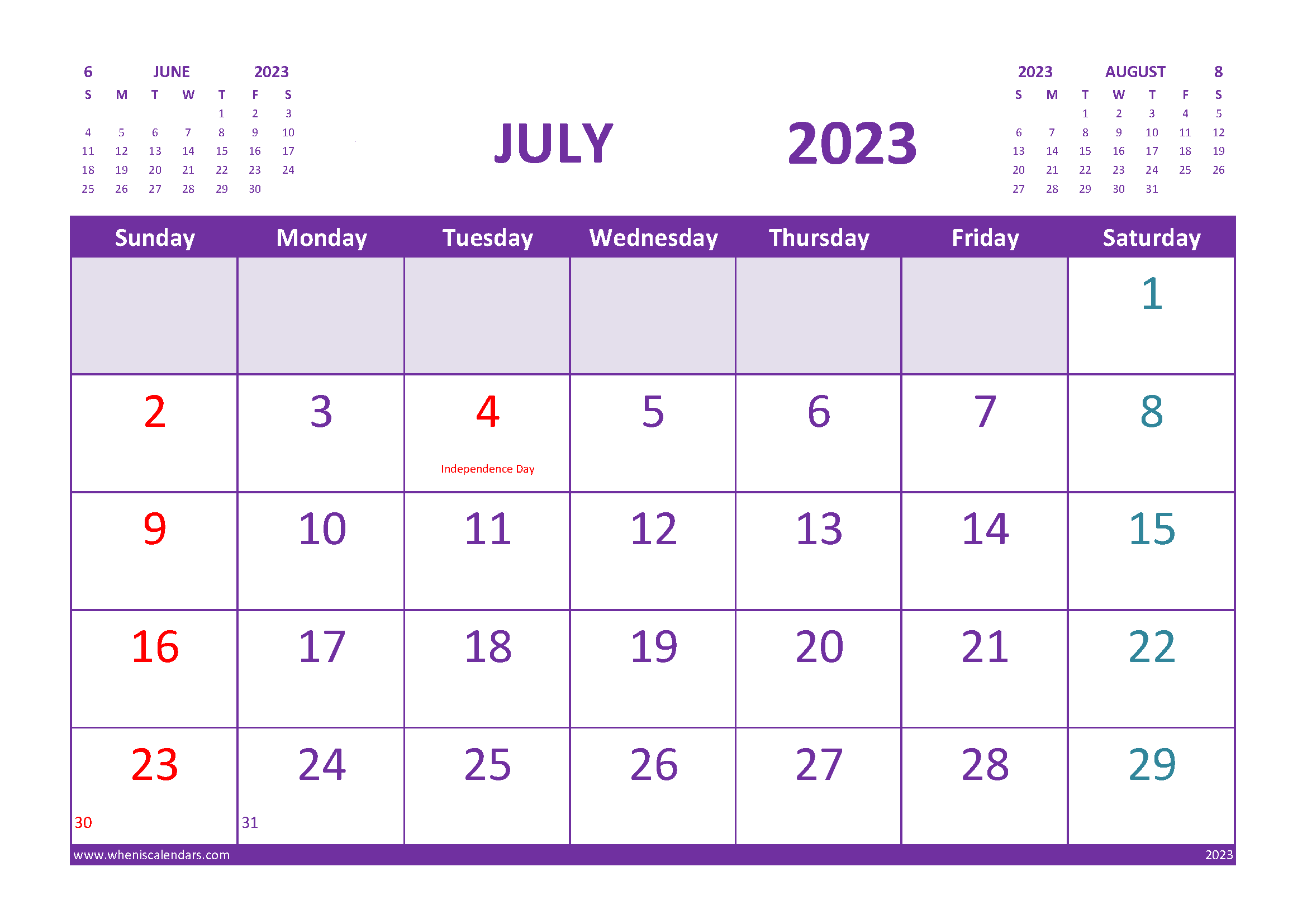 Free Printable Calendar July 2023 with Holidays width=