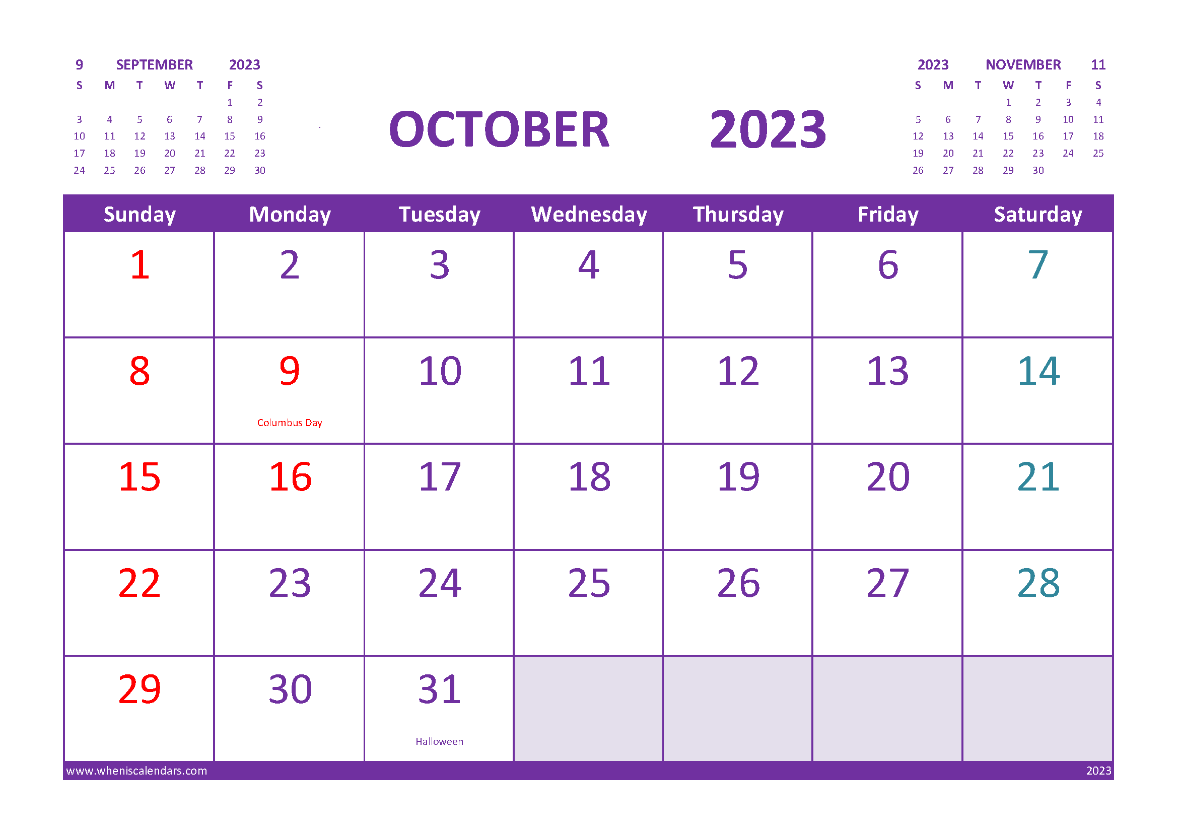 Free Printable Calendar October 2023 with Holidays width=