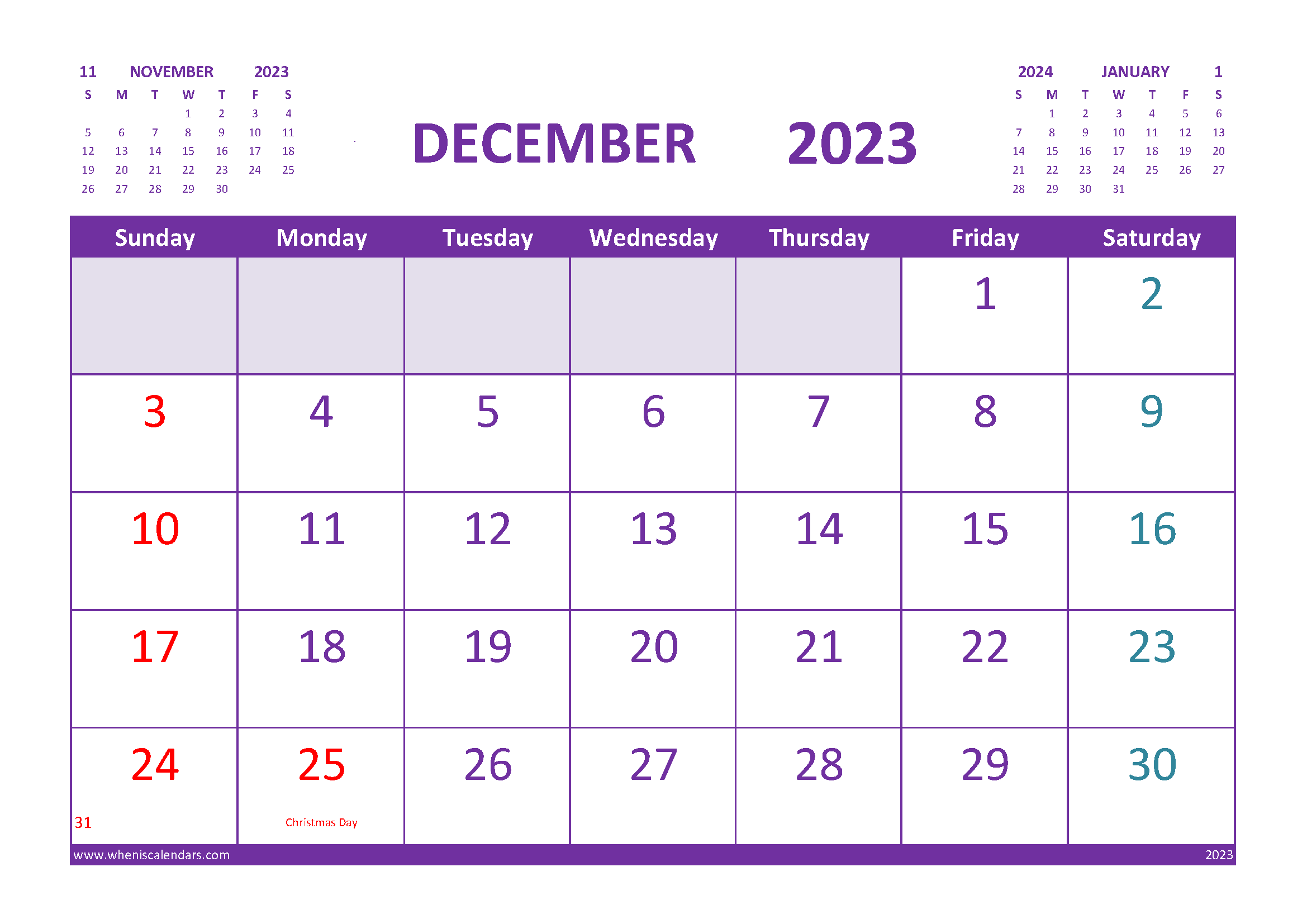 Download December 2023 calendar free template
