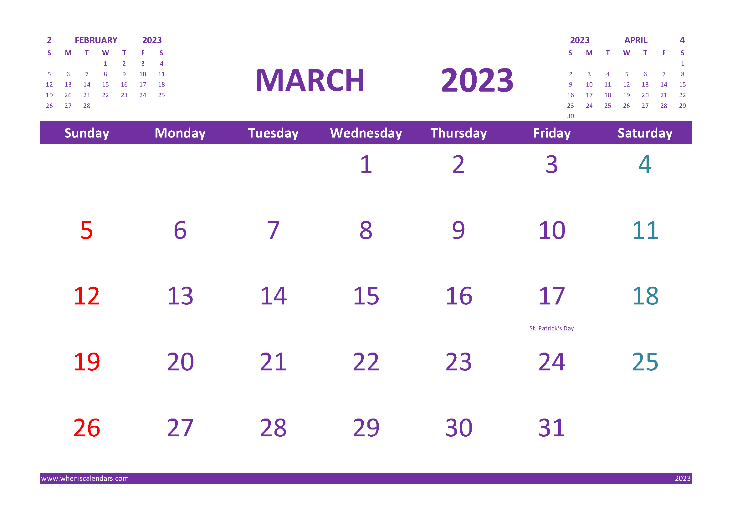 Free Printable Calendar for March 2023 with Holidays width=