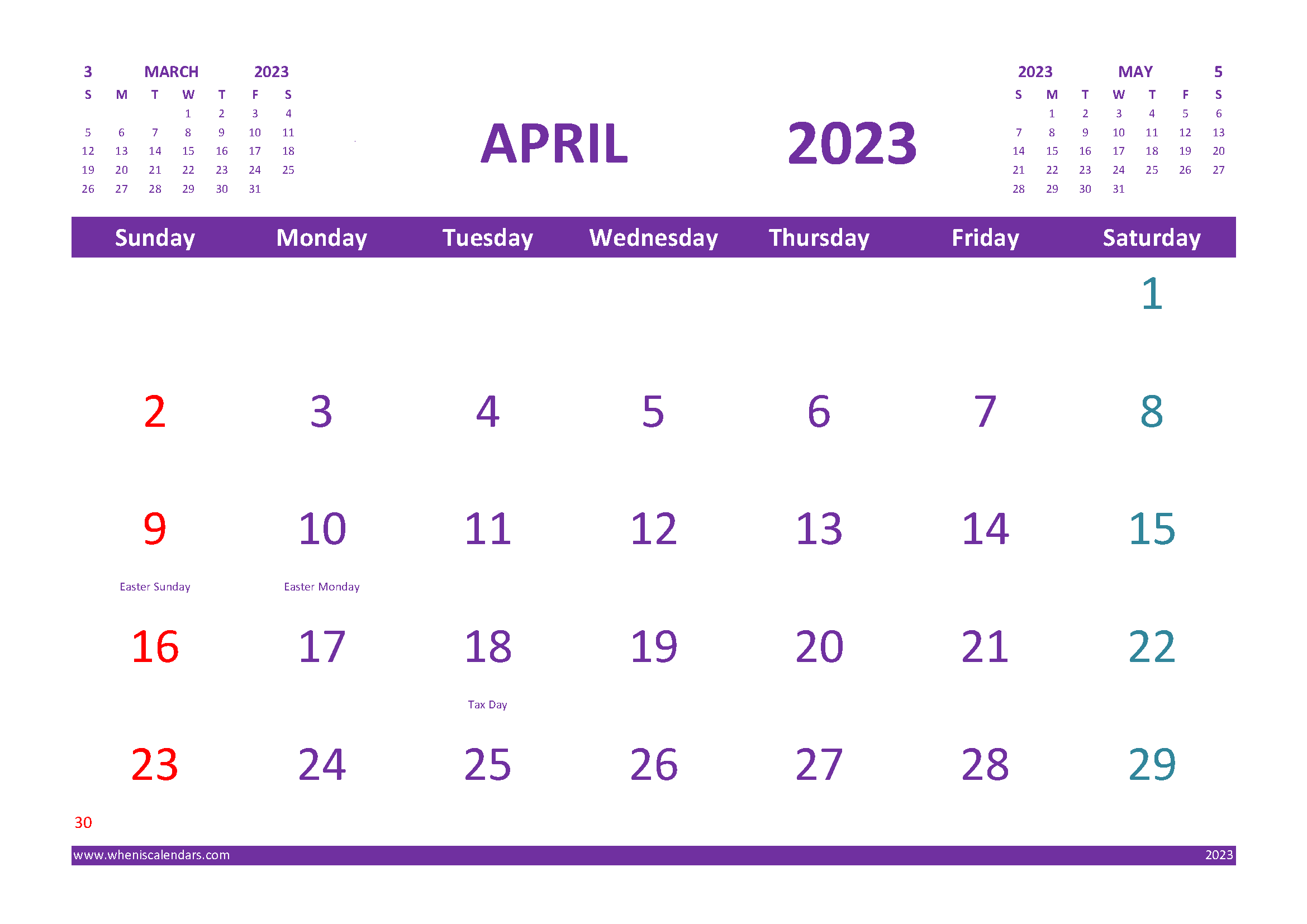 Free Printable Calendar for April 2023 with Holidays width=