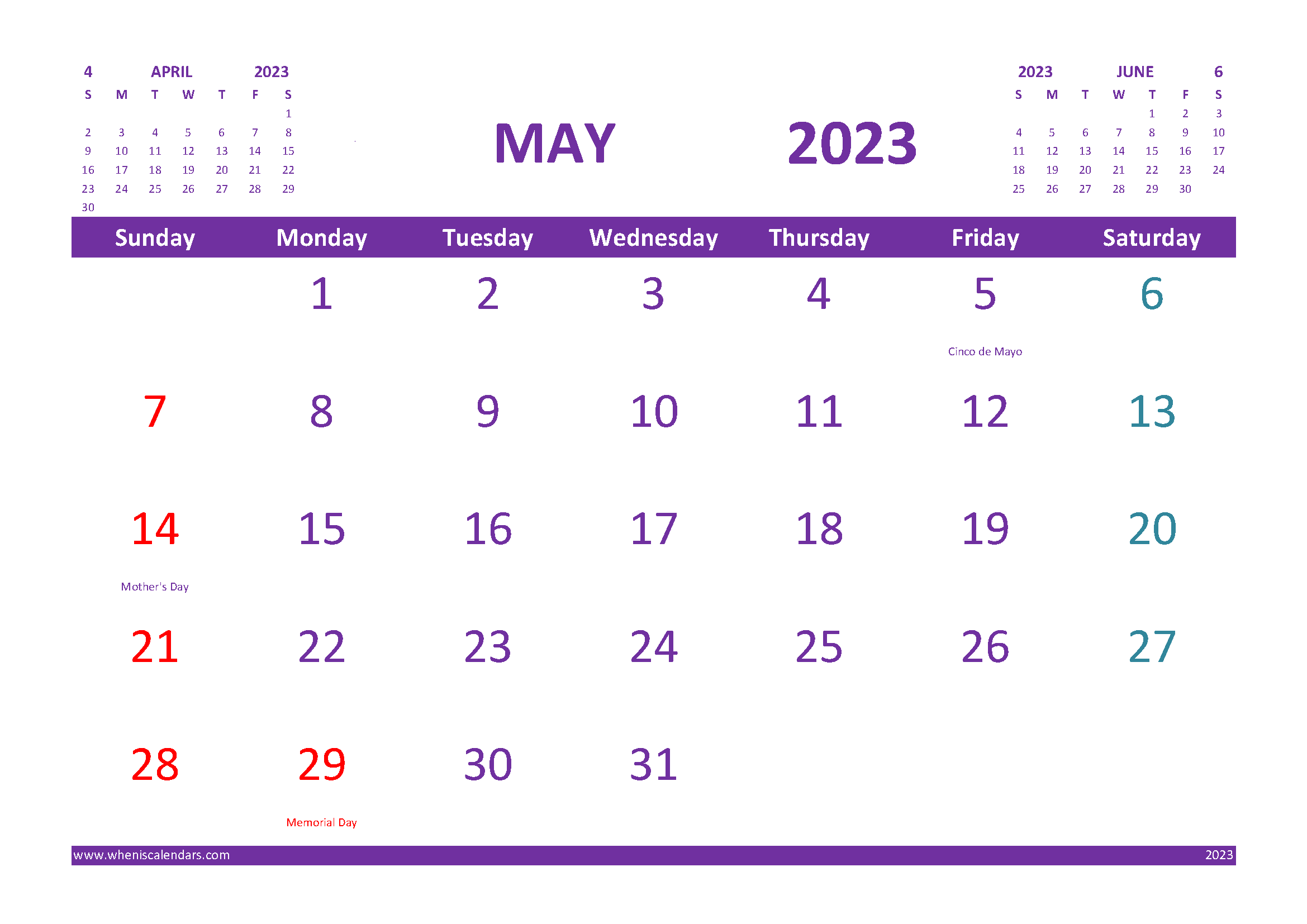 Free Printable Calendar for May 2023 with Holidays width=