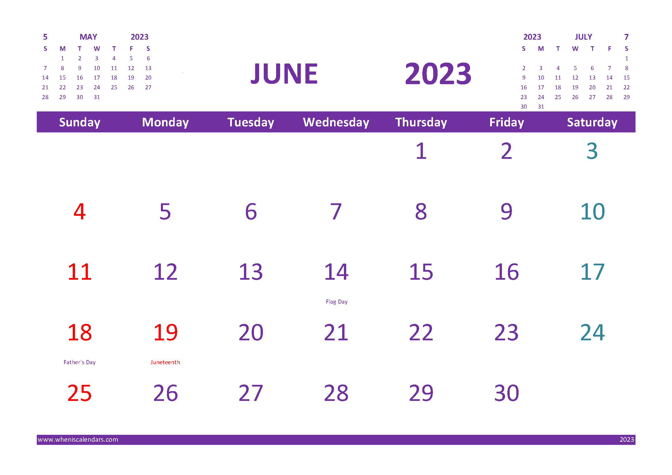 Free Printable Calendar for June 2023 with Holidays width=