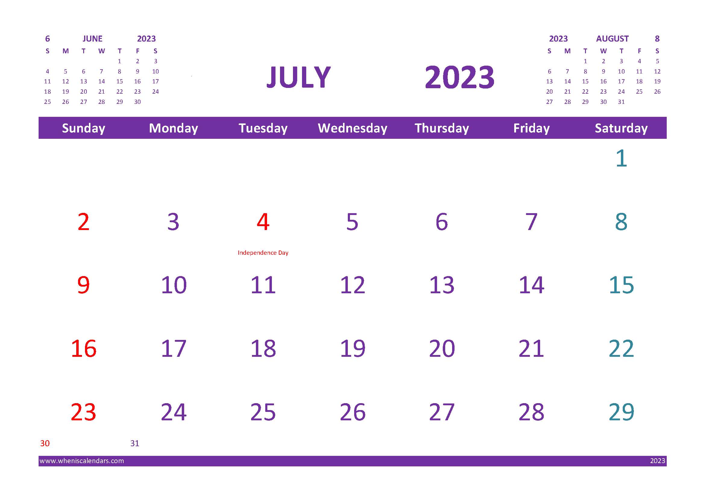 Free Printable Calendar for July 2023 with Holidays width=