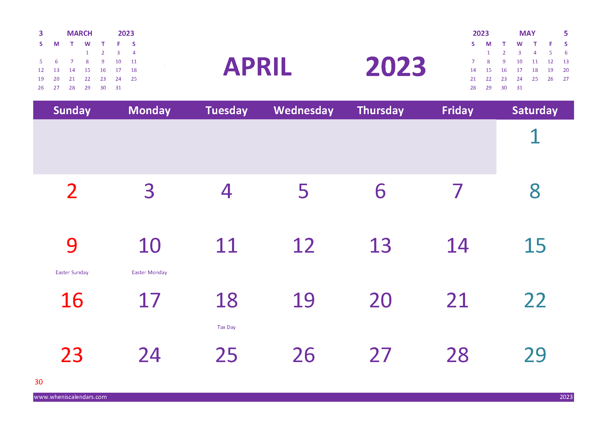 Calendar for April 2023 with Holidays Free Printable width=