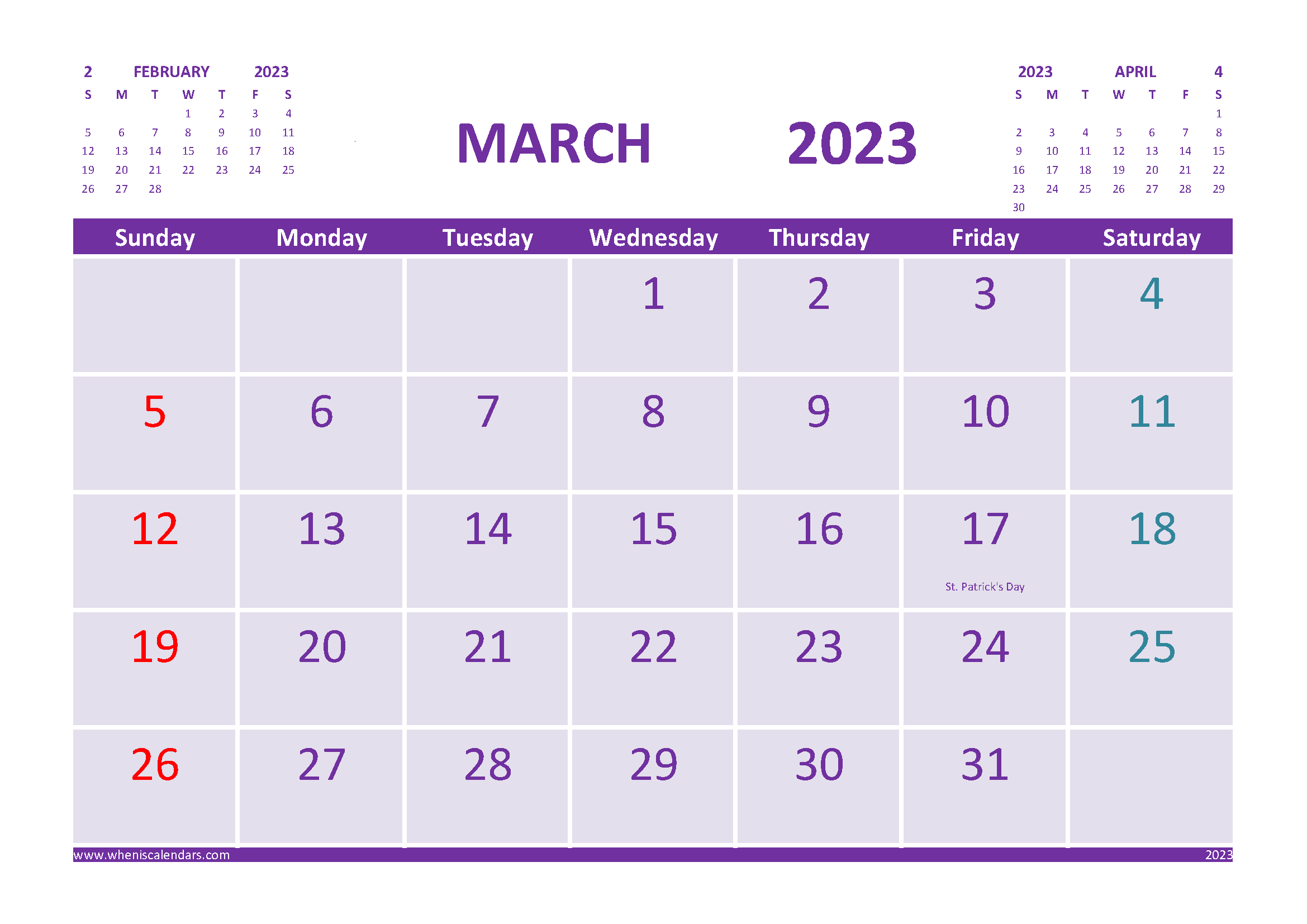 Free March 2023 Calendar with Holidays Printable width=