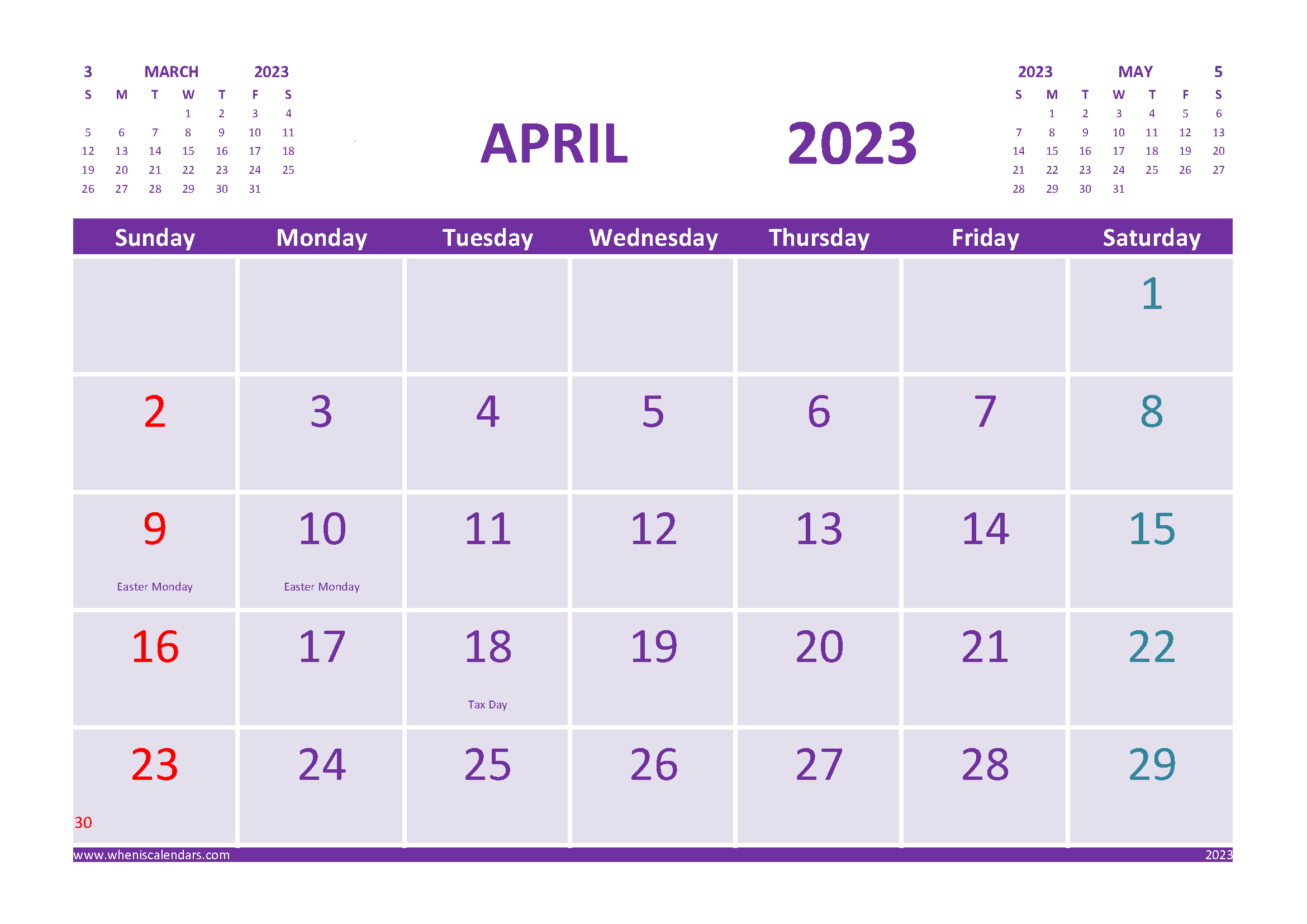Free April 2023 Calendar with Holidays Printable width=