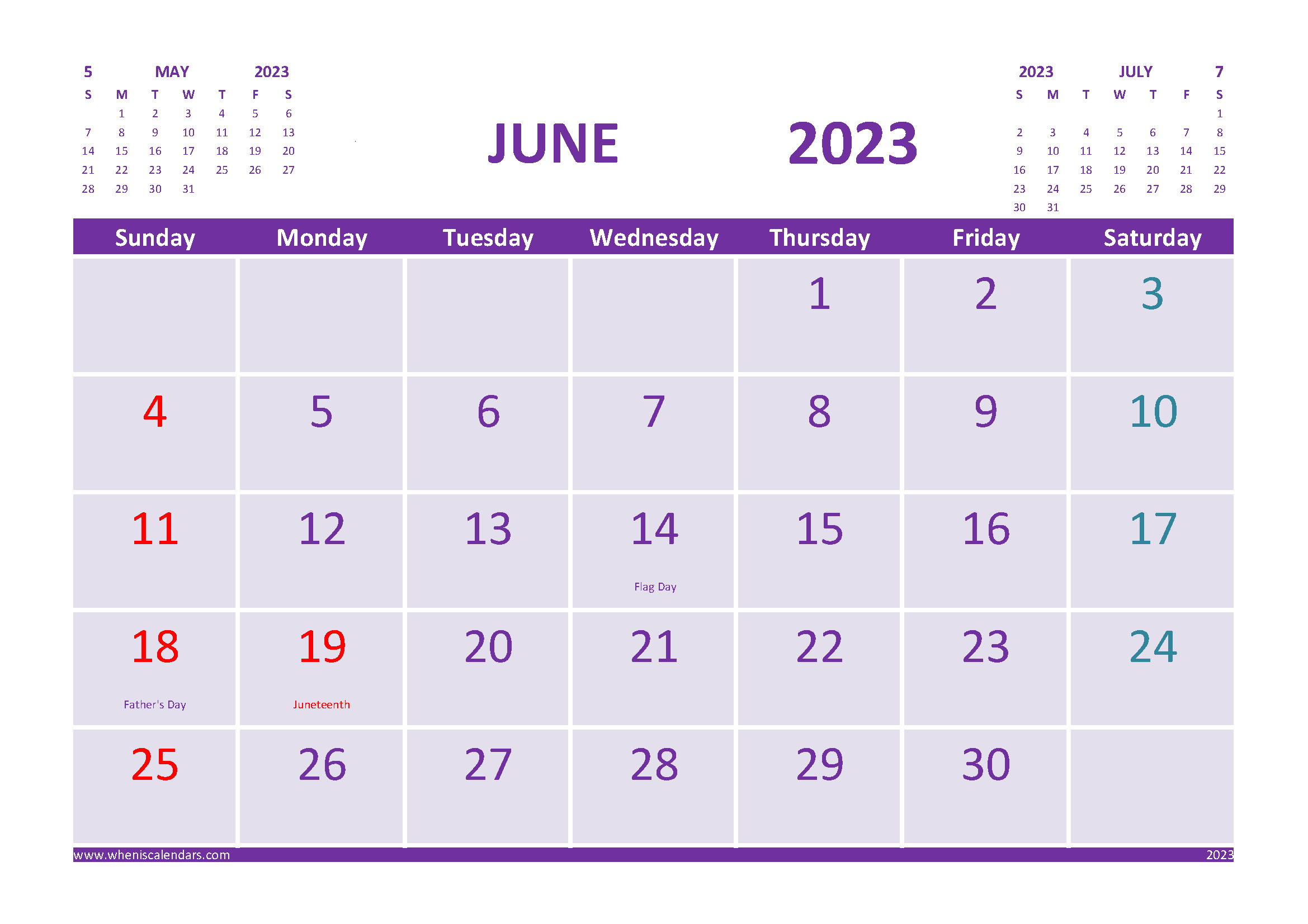 Free June 2023 Calendar with Holidays Printable width=