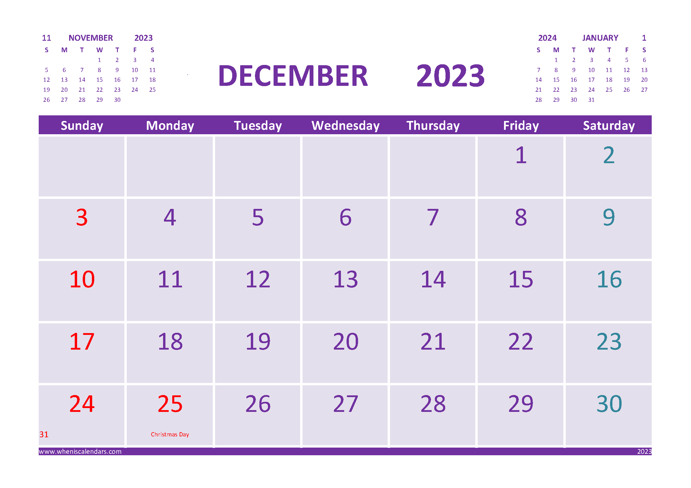 Download free printable December 2023 monthly calendar