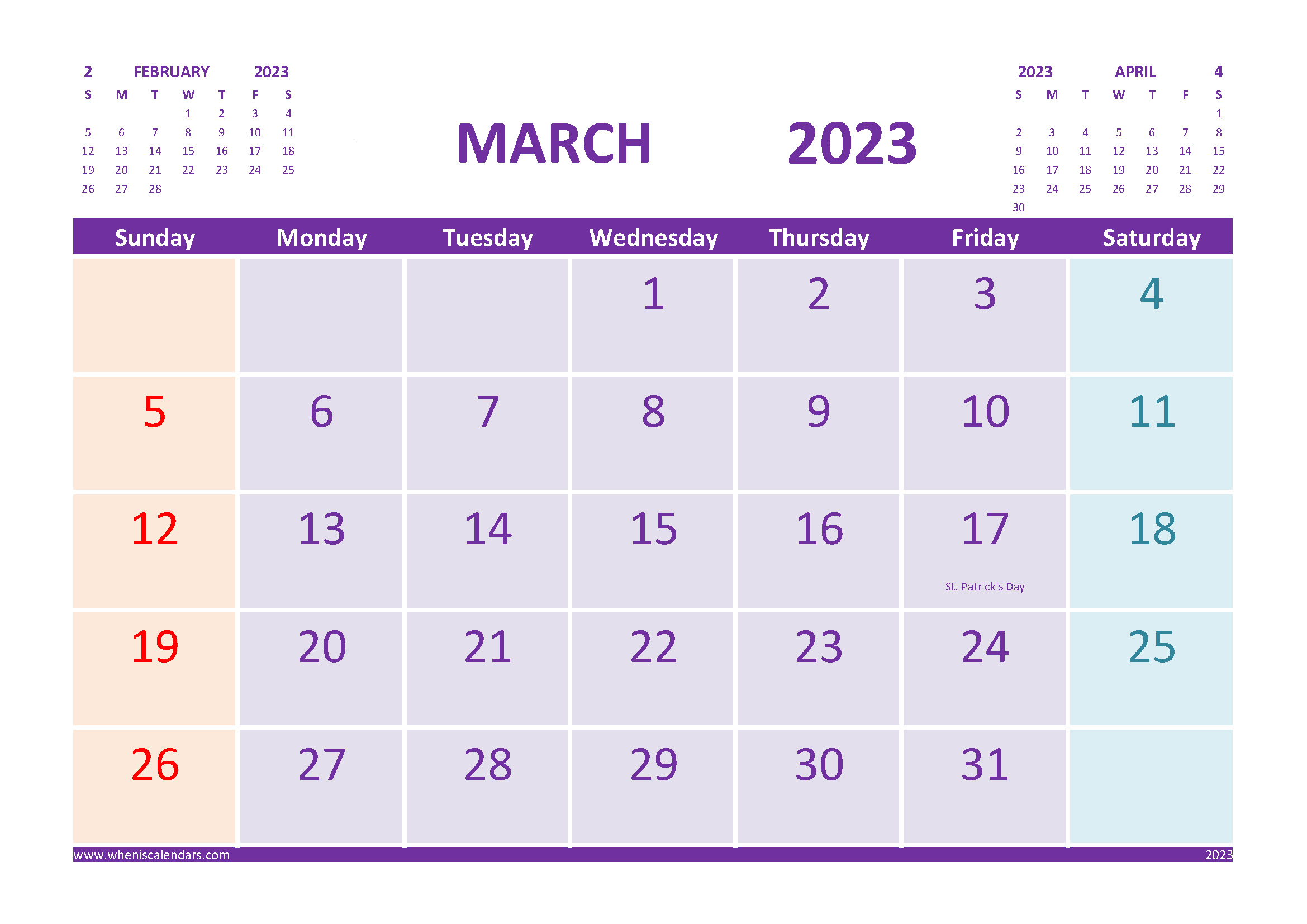 Free Printable March 2023 Calendar with Holidays width=