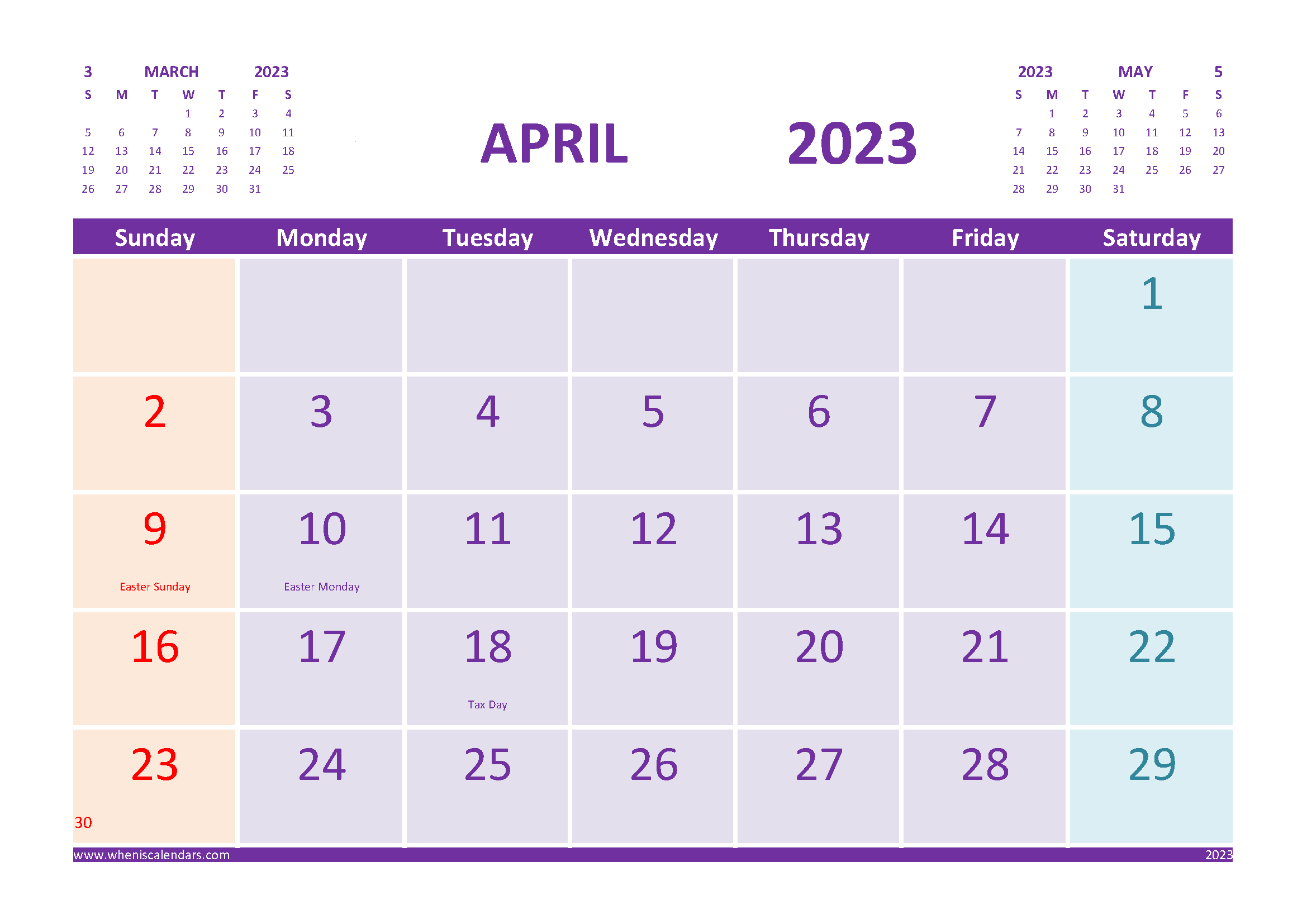 Free Printable April 2023 Calendar with Holidays width=