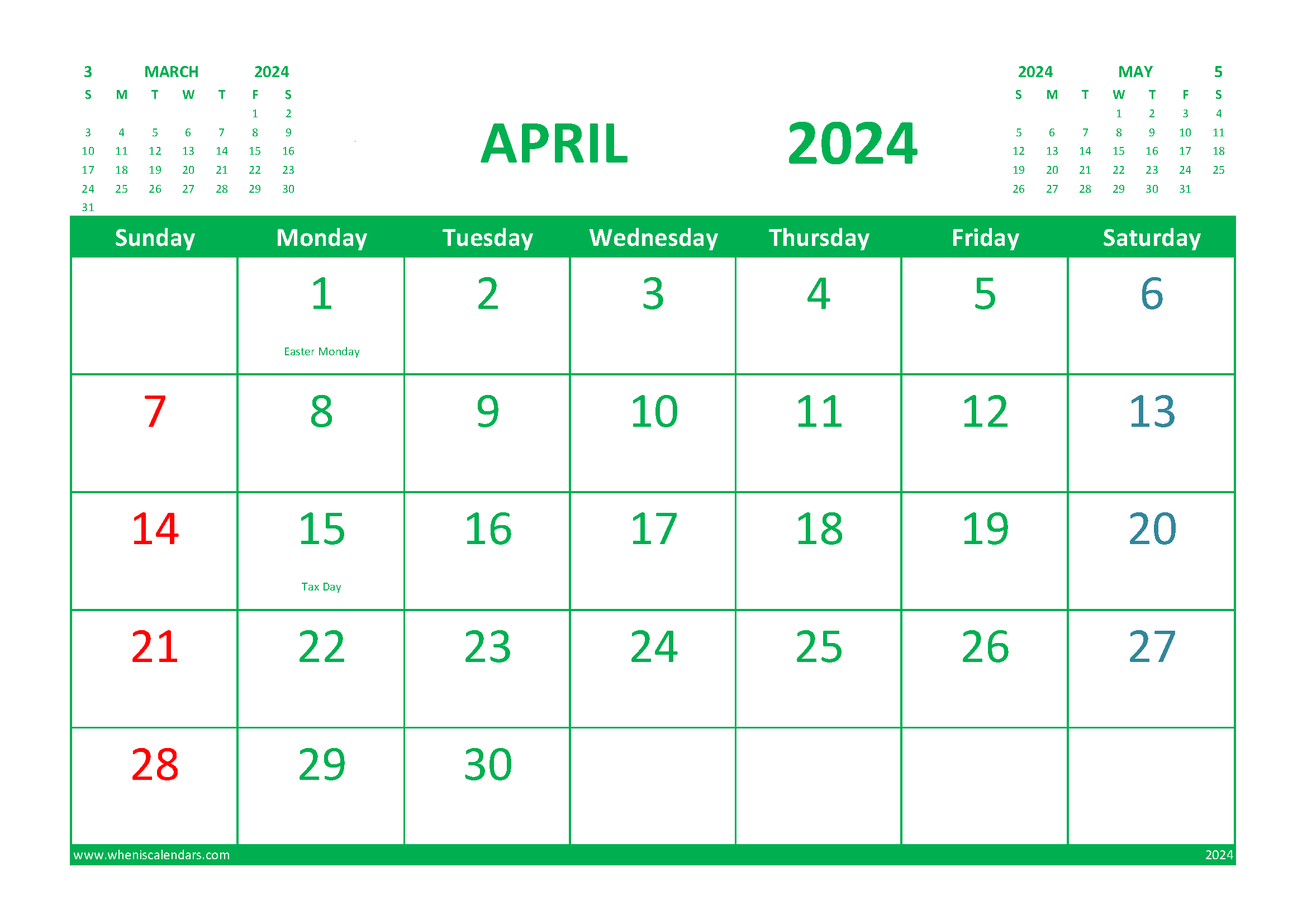 April 2024 Printable Calendar Free with Holidays