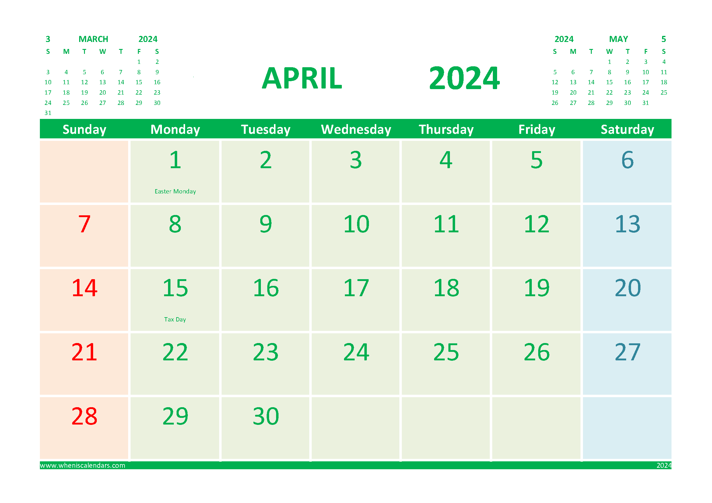April 2024 Calendar with Holidays Printable for Free width=