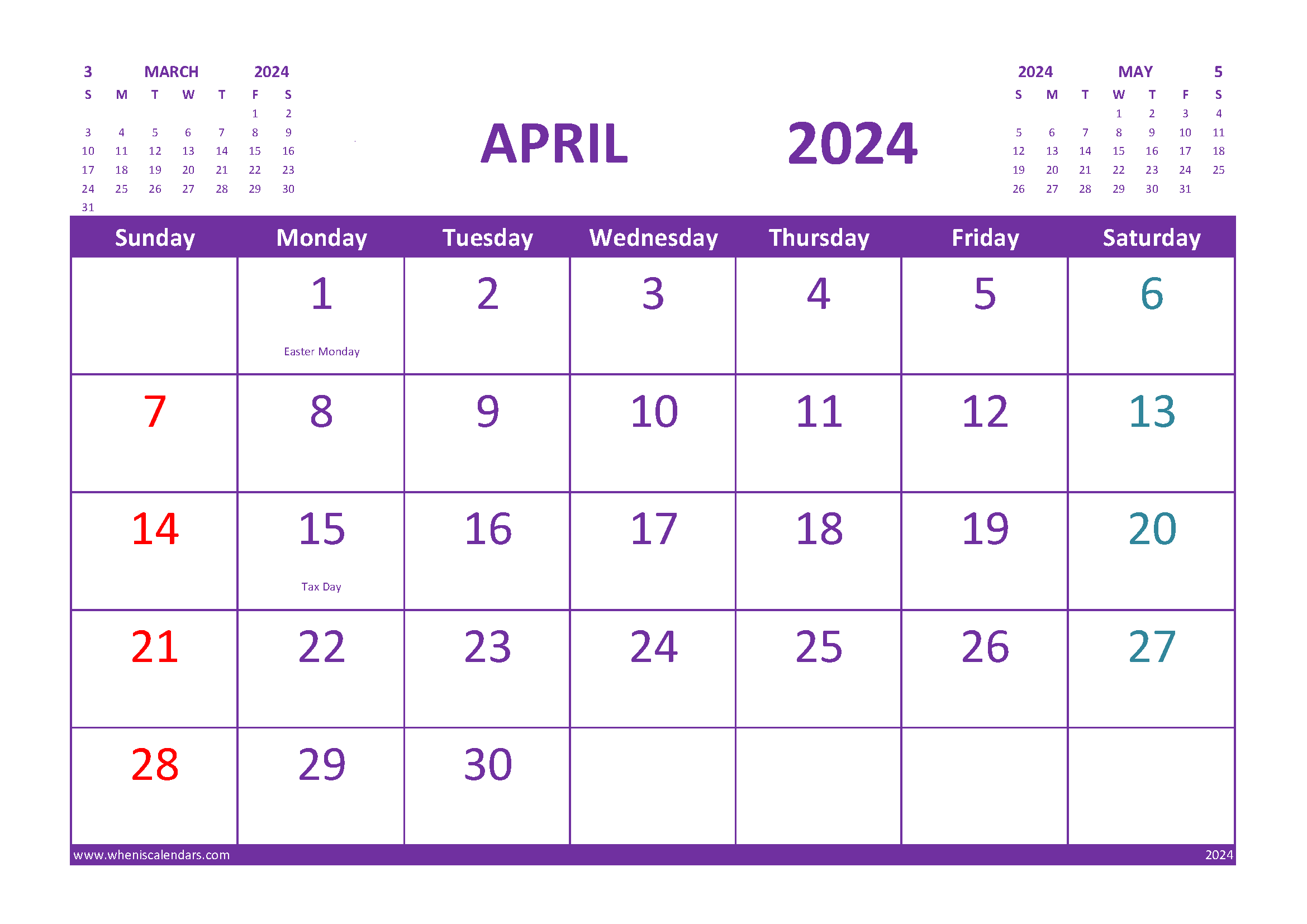 Free Printable Calendar April 2024 with Holidays