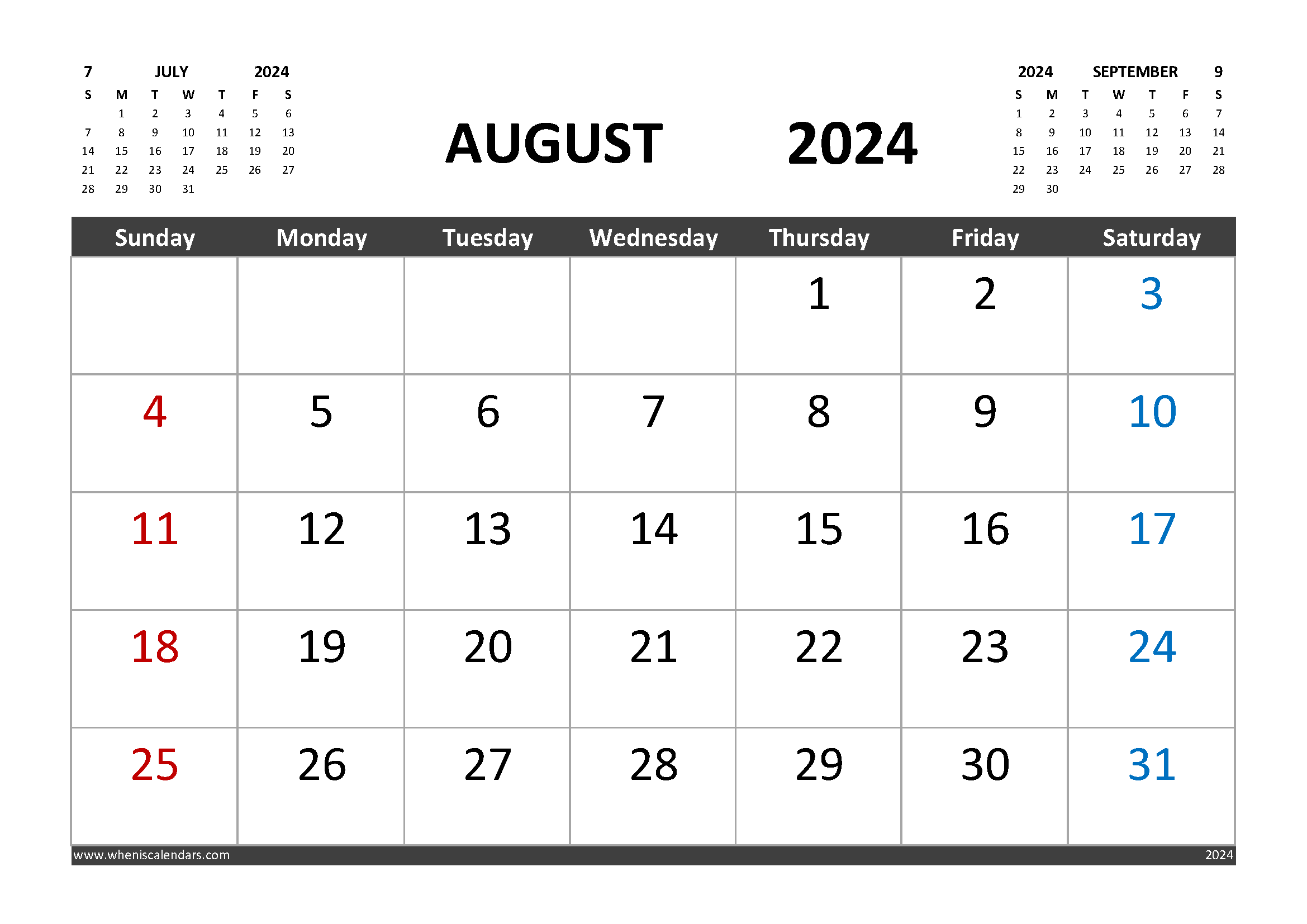 August 2024 Printable Calendar Free with Holidays