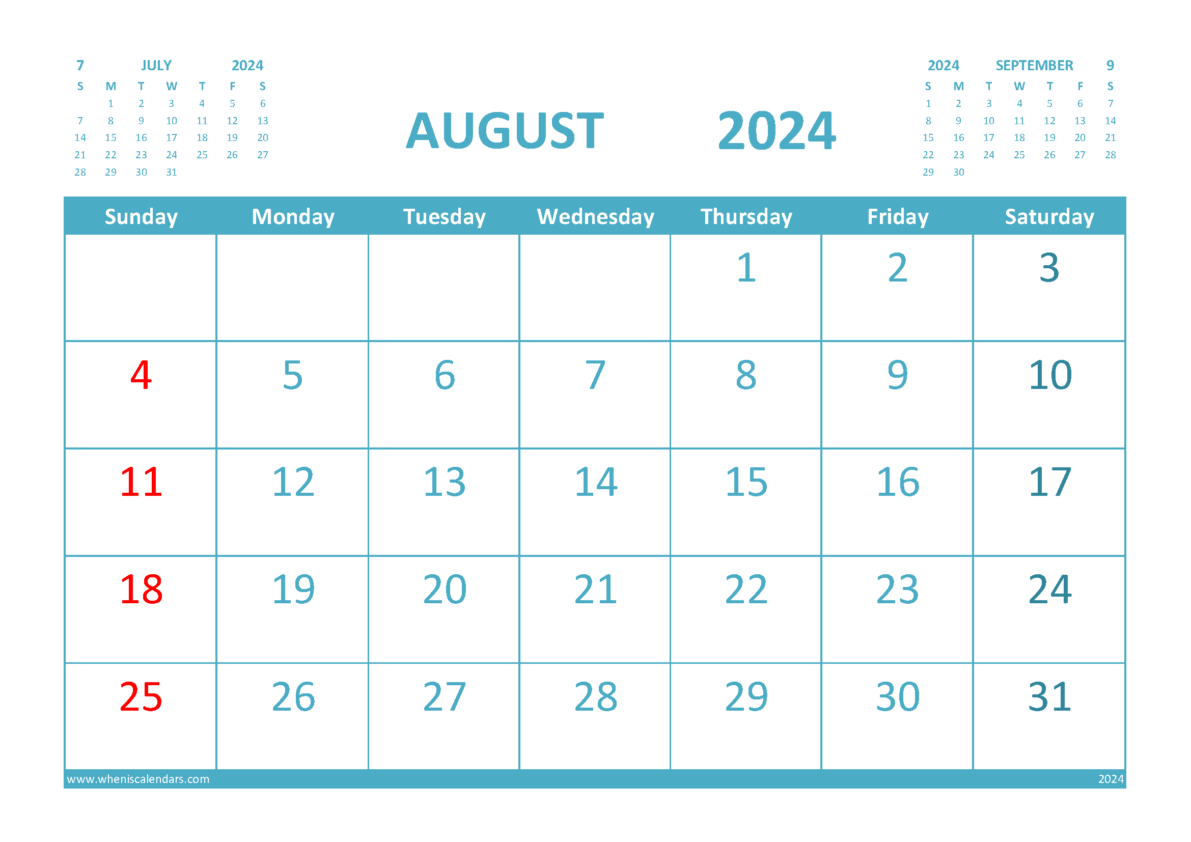 August 2024 Printable Calendar Free with Holidays