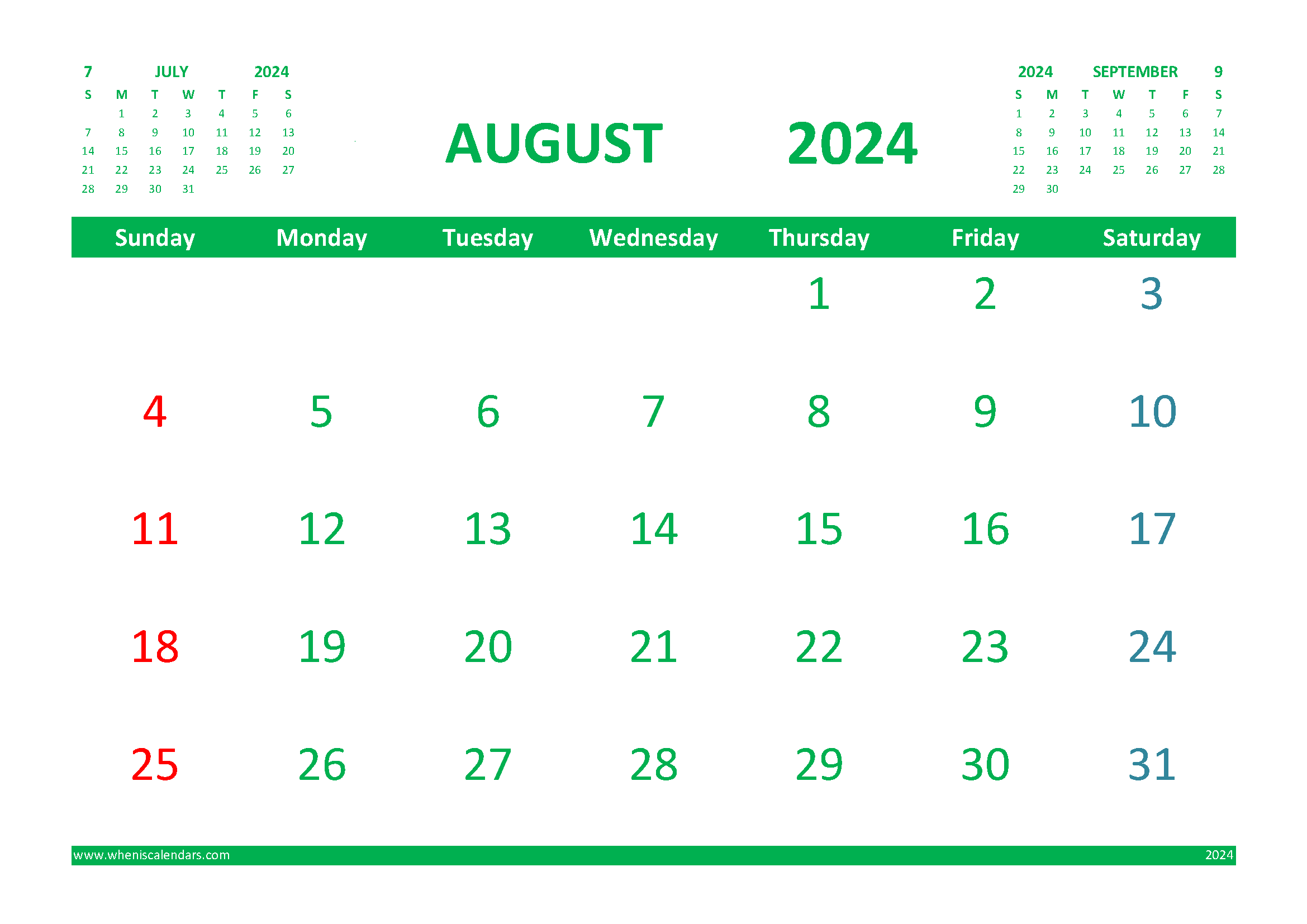 August 2024 Calendar Free Printable with Holidays width=