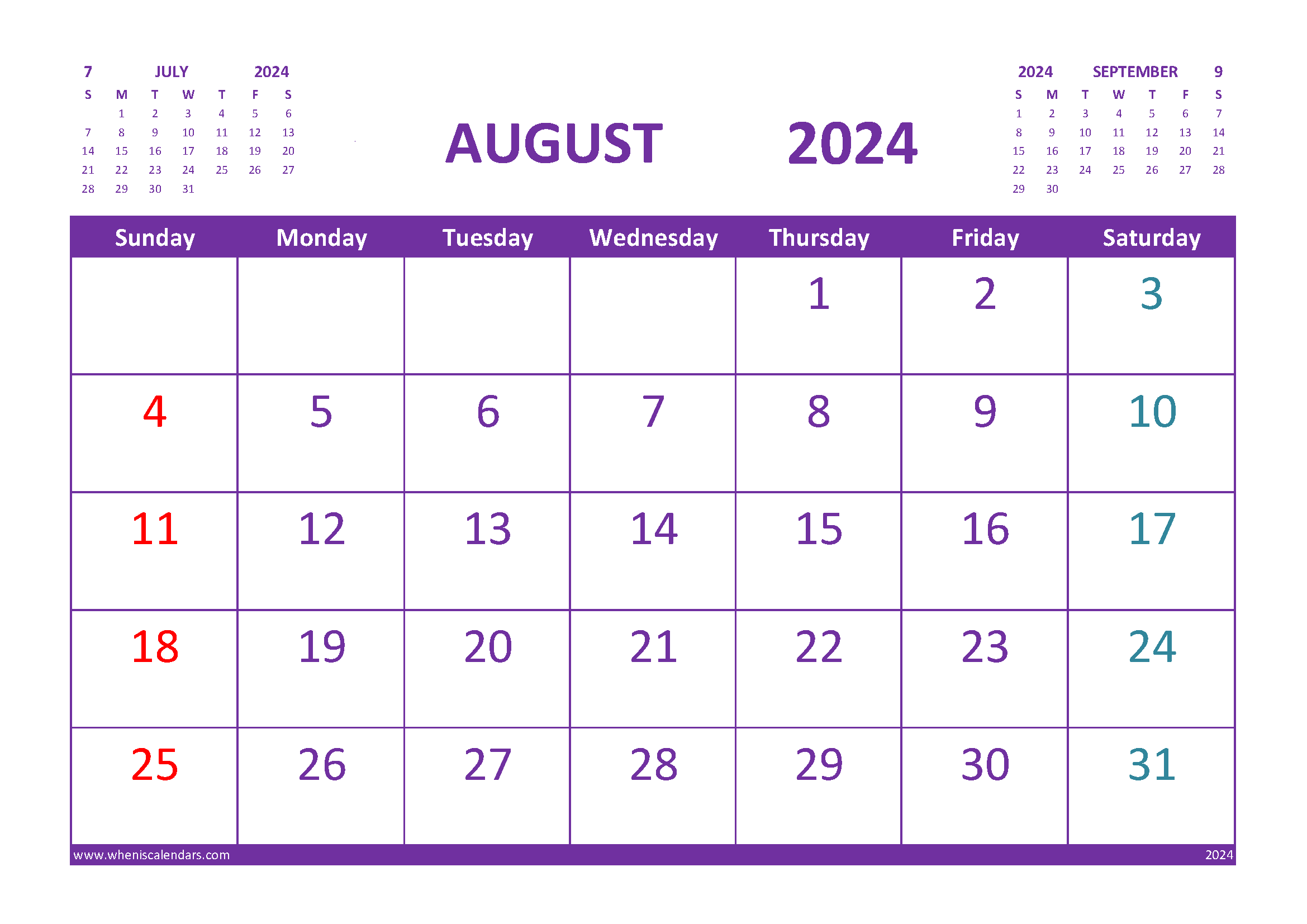Free Printable Calendar August 2024 with Holidays
