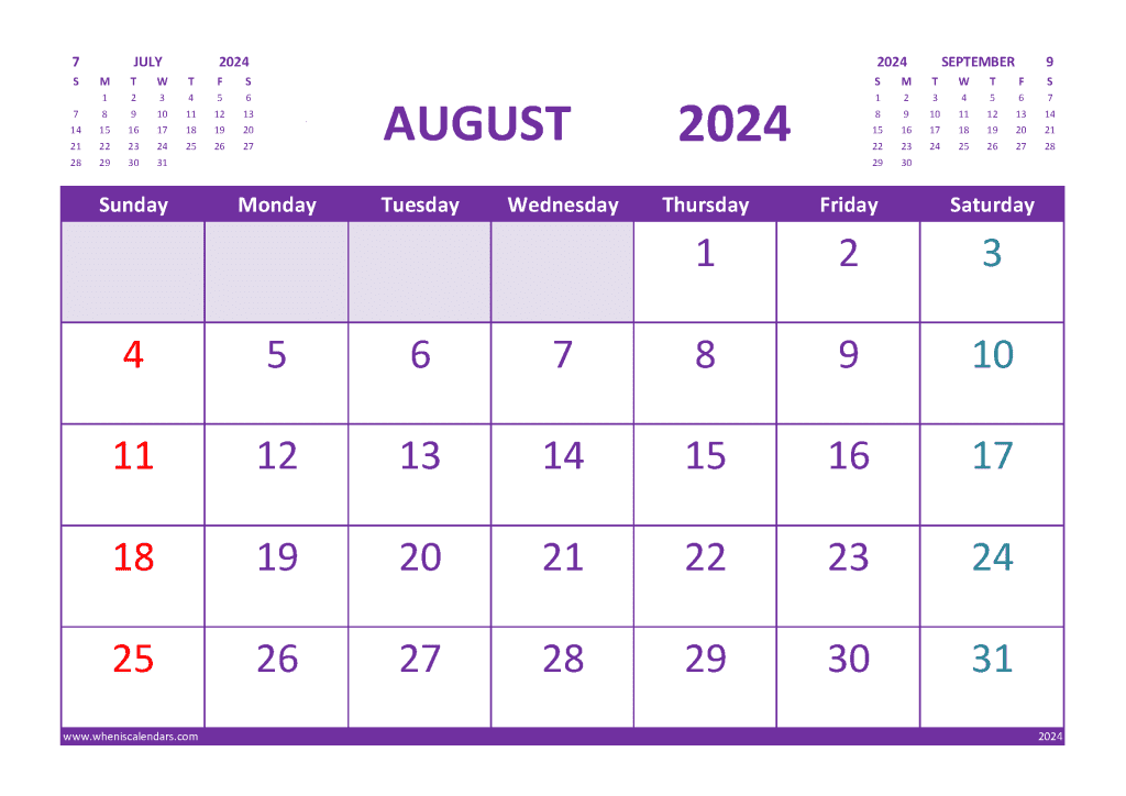 Free Printable Calendar August 2024 with Holidays
