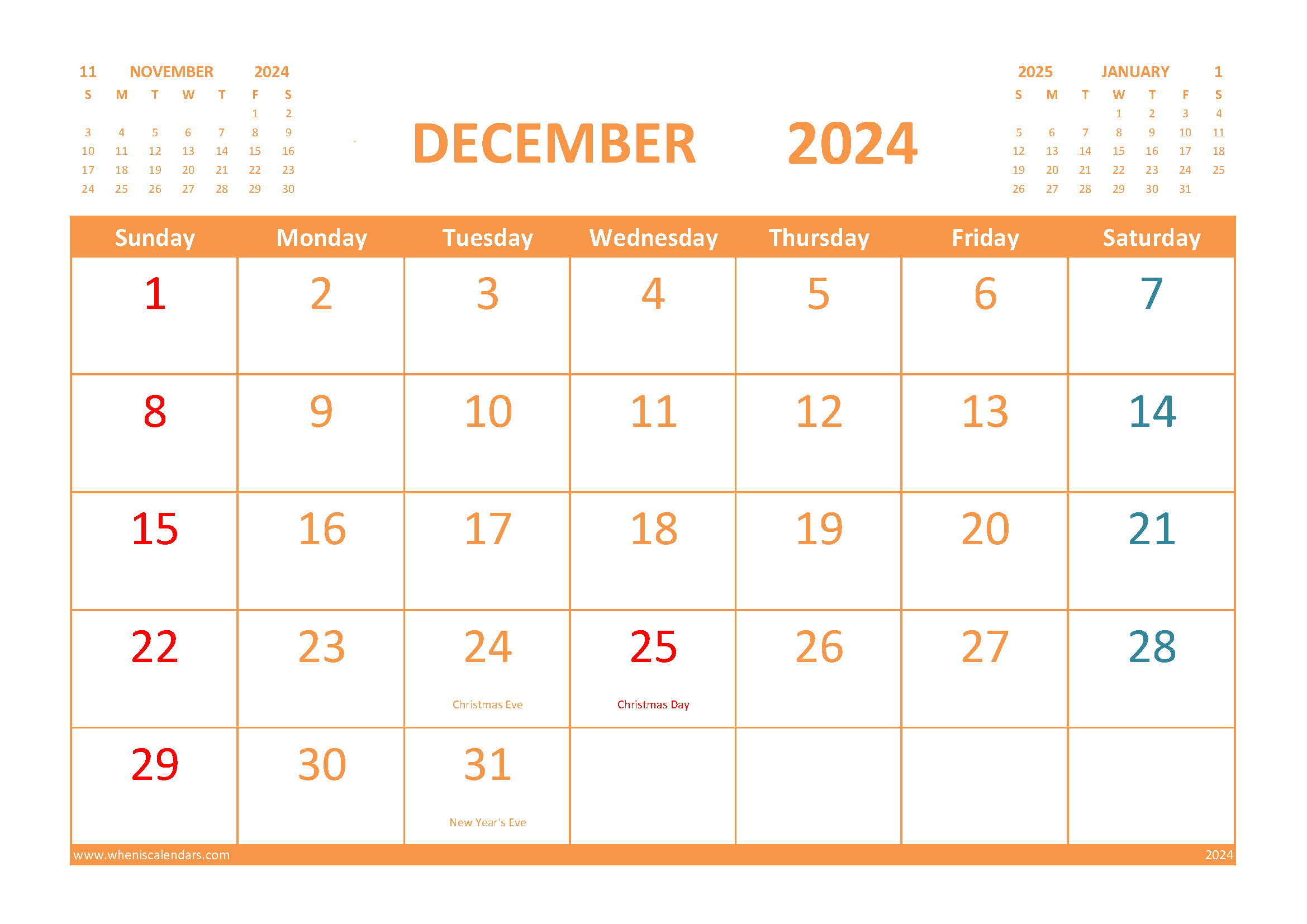 Free Printable Calendar December 2024 with Holidays