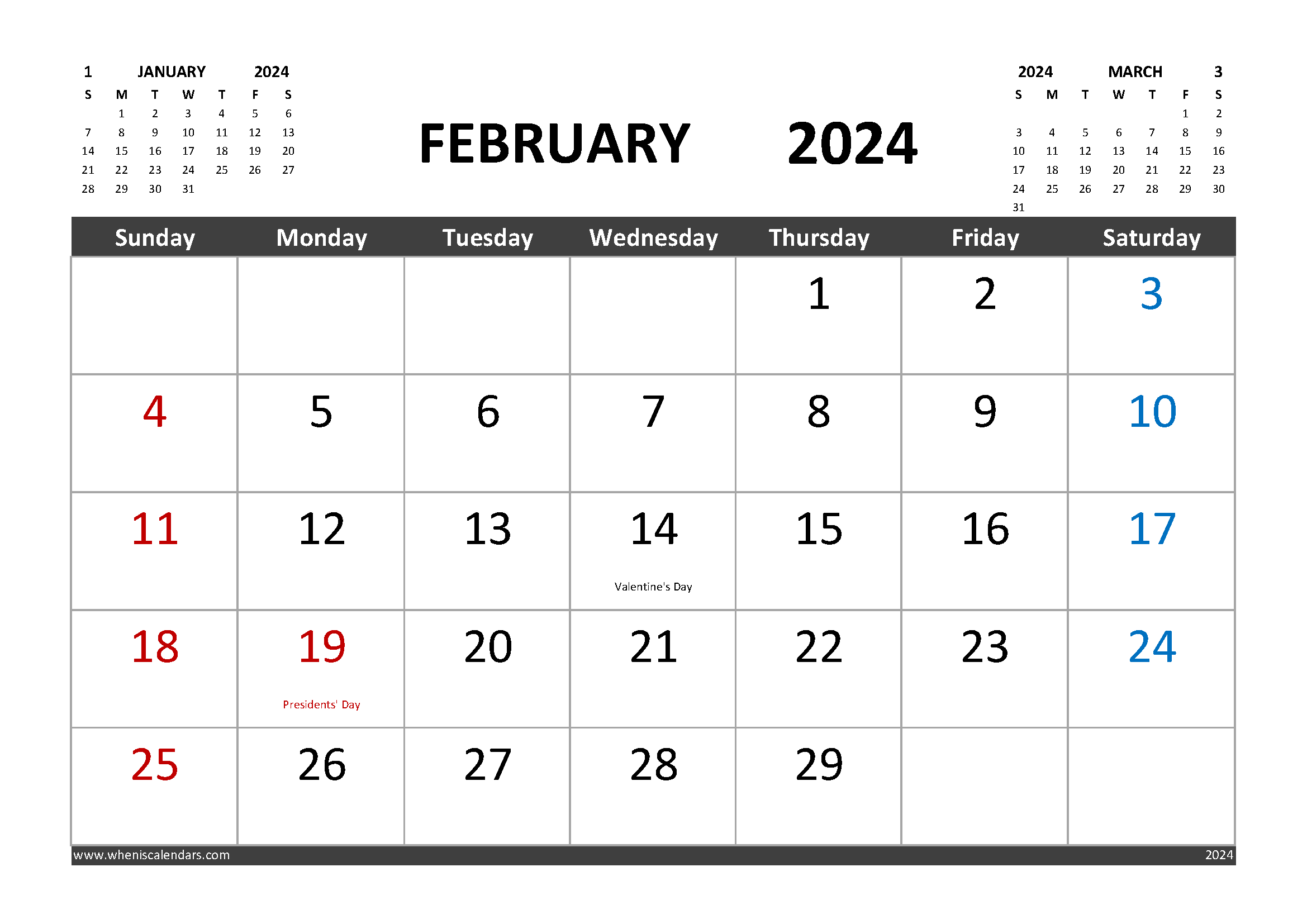 Free Printable Calendar February 2024 with Holidays