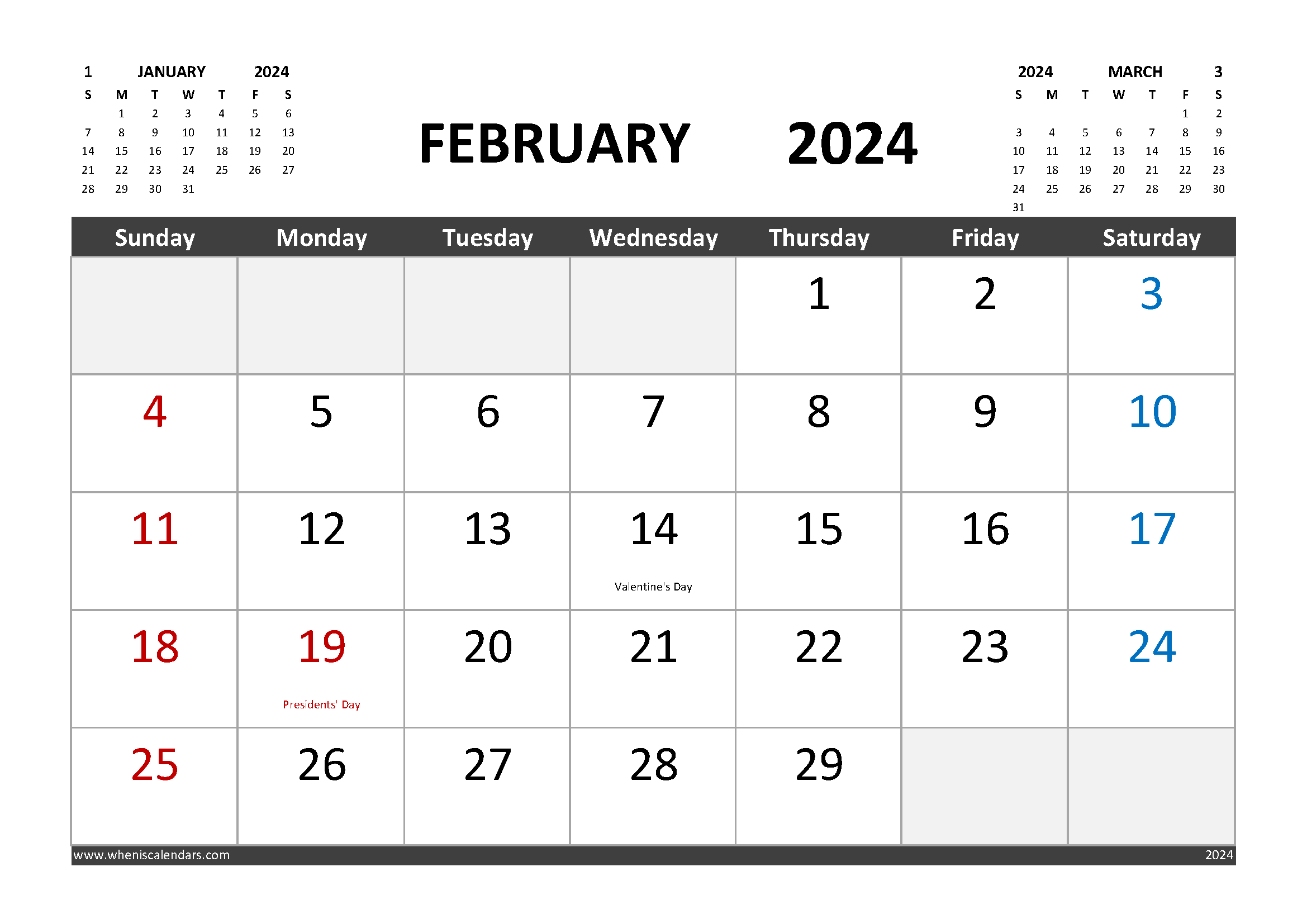 Free Printable February 2024 Calendar with Holidays width=