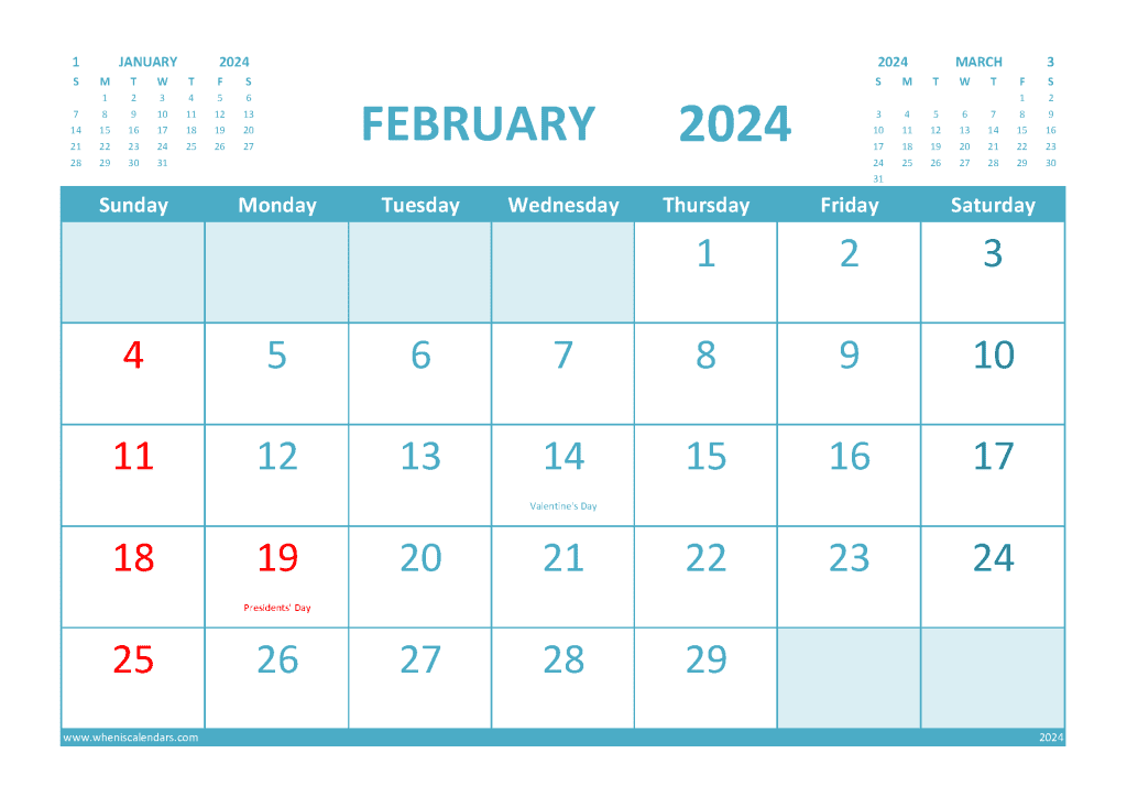 Free February Calendar 2024 Printable with Holidays