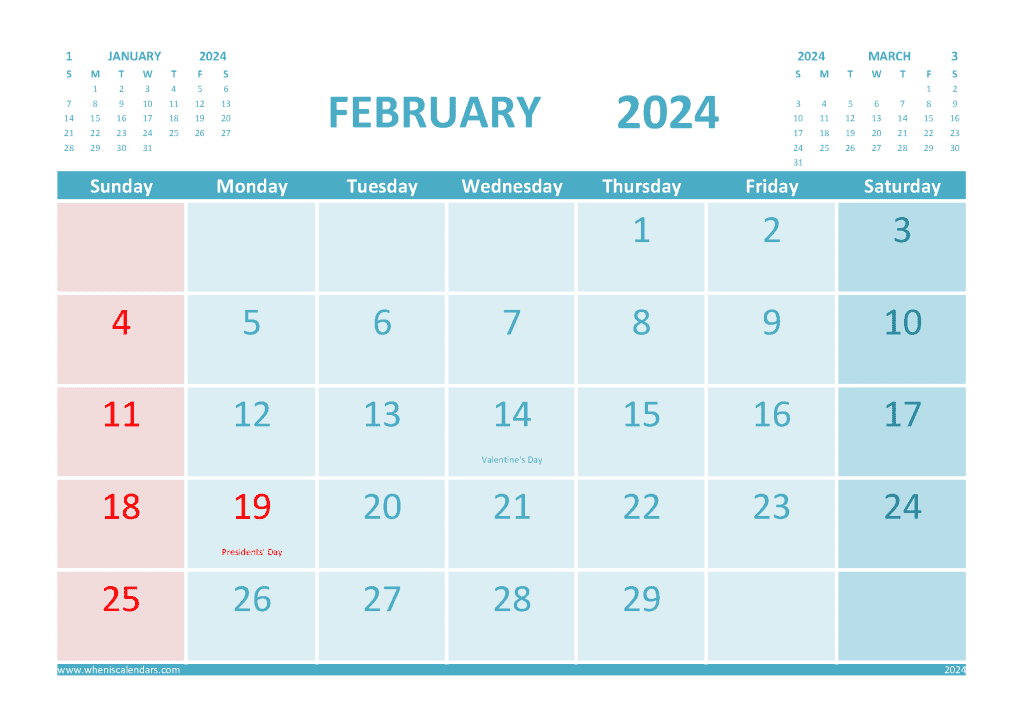 Free Printable February 2024 Calendar with Holidays PDF in Landscape