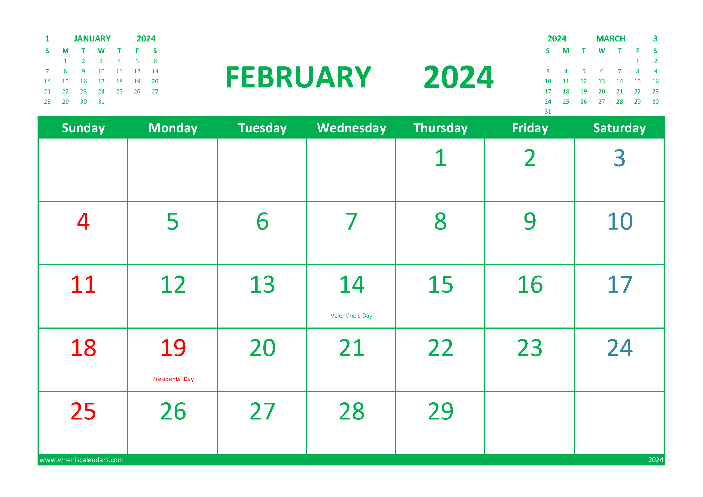 February 2024 Printable Calendar Free with Holidays
