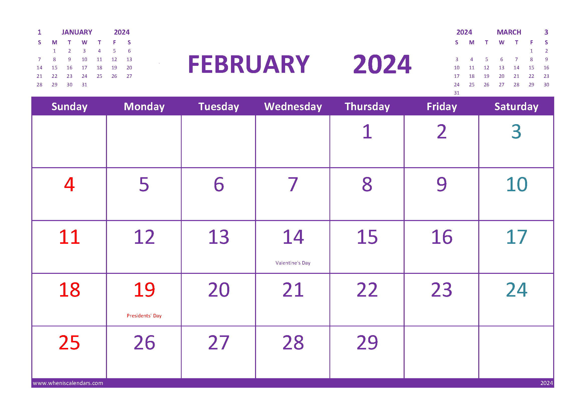 February 2024 Printable Calendar Free with Holidays