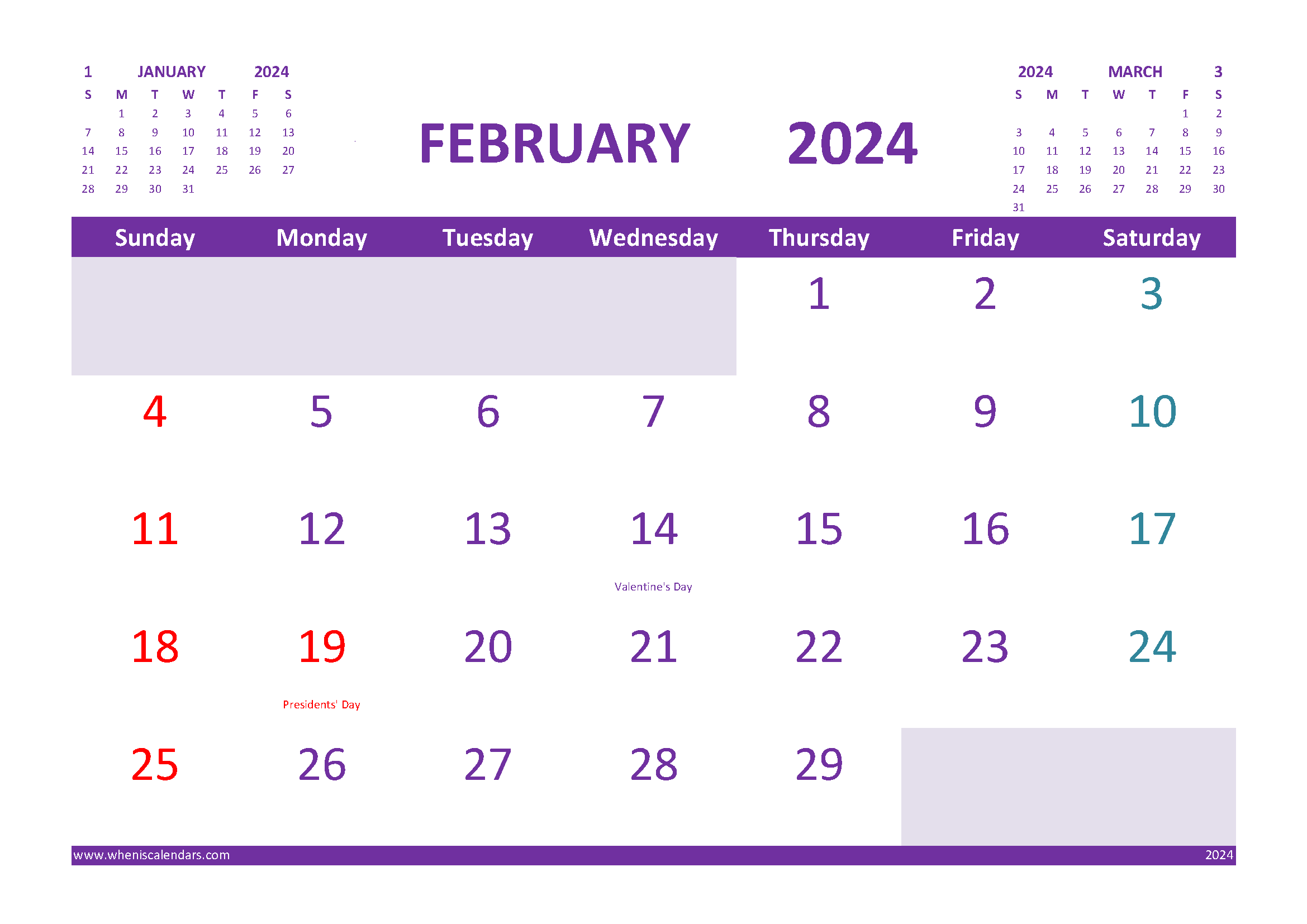 Calendar for February 2024 with Holidays Free Printable width=