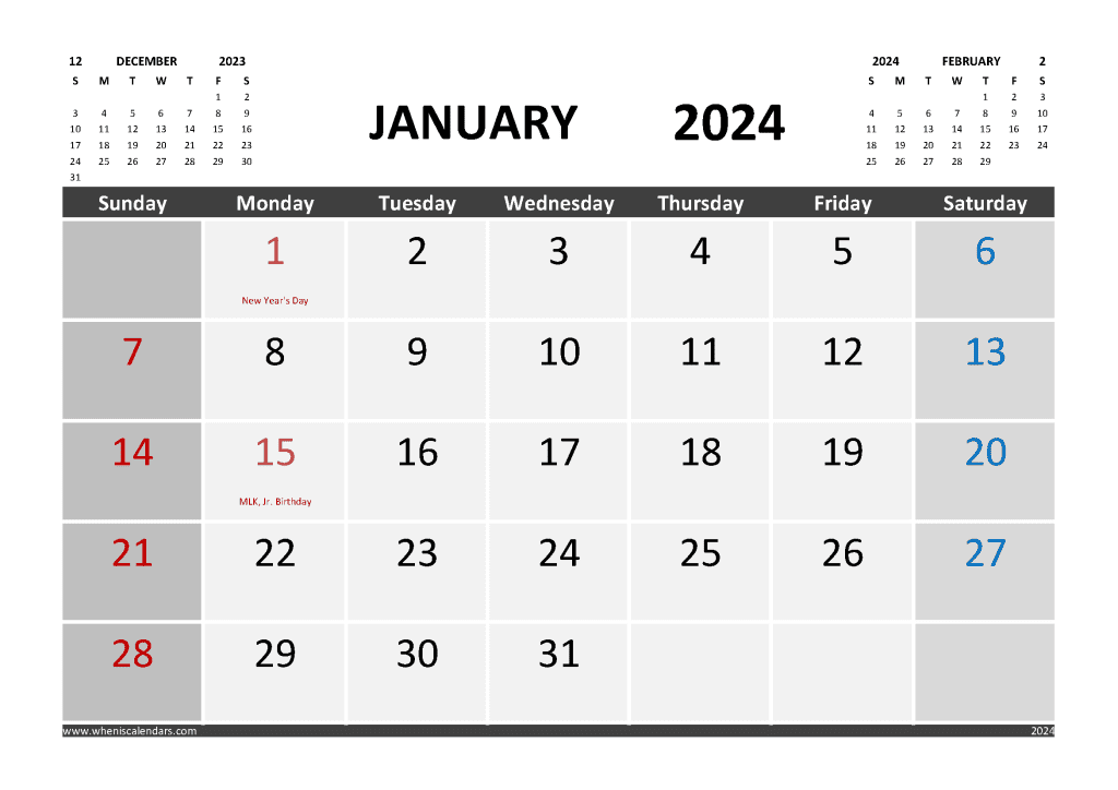 January 2024 Printable Calendar Free with Holidays