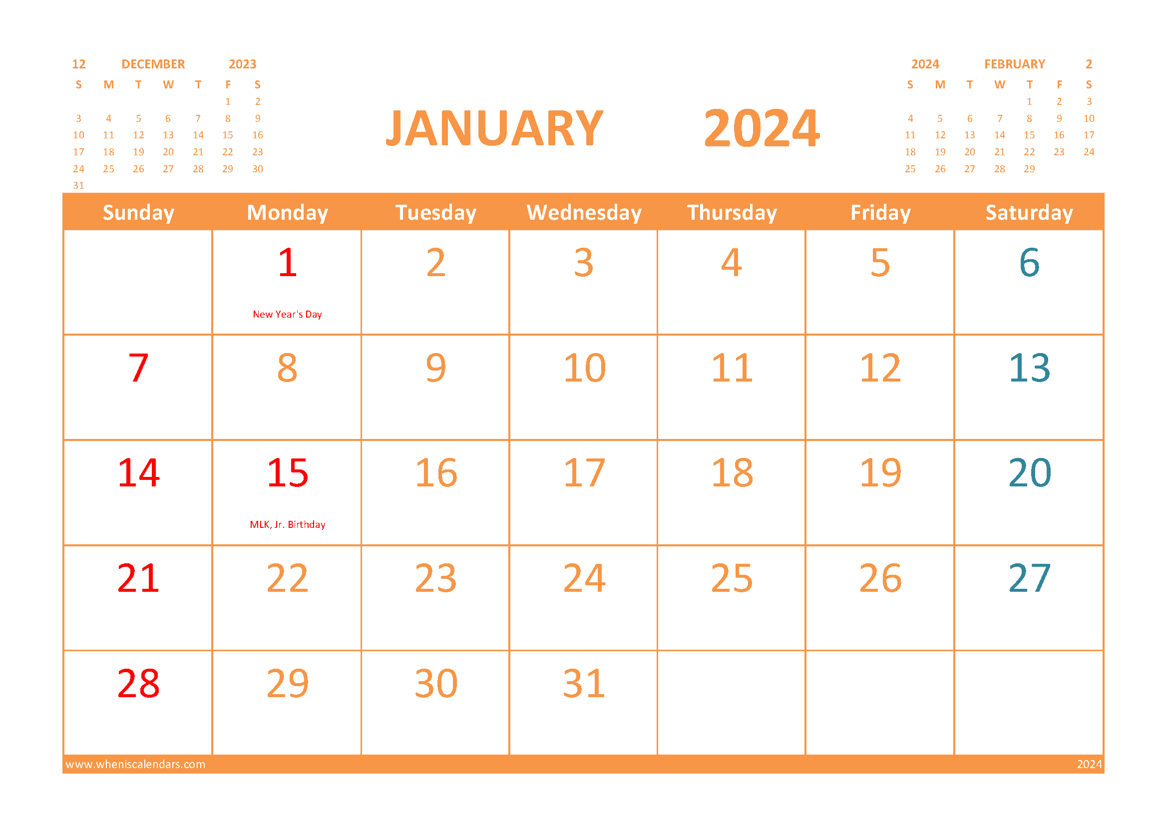 January 2024 Printable Calendar Free with Holidays