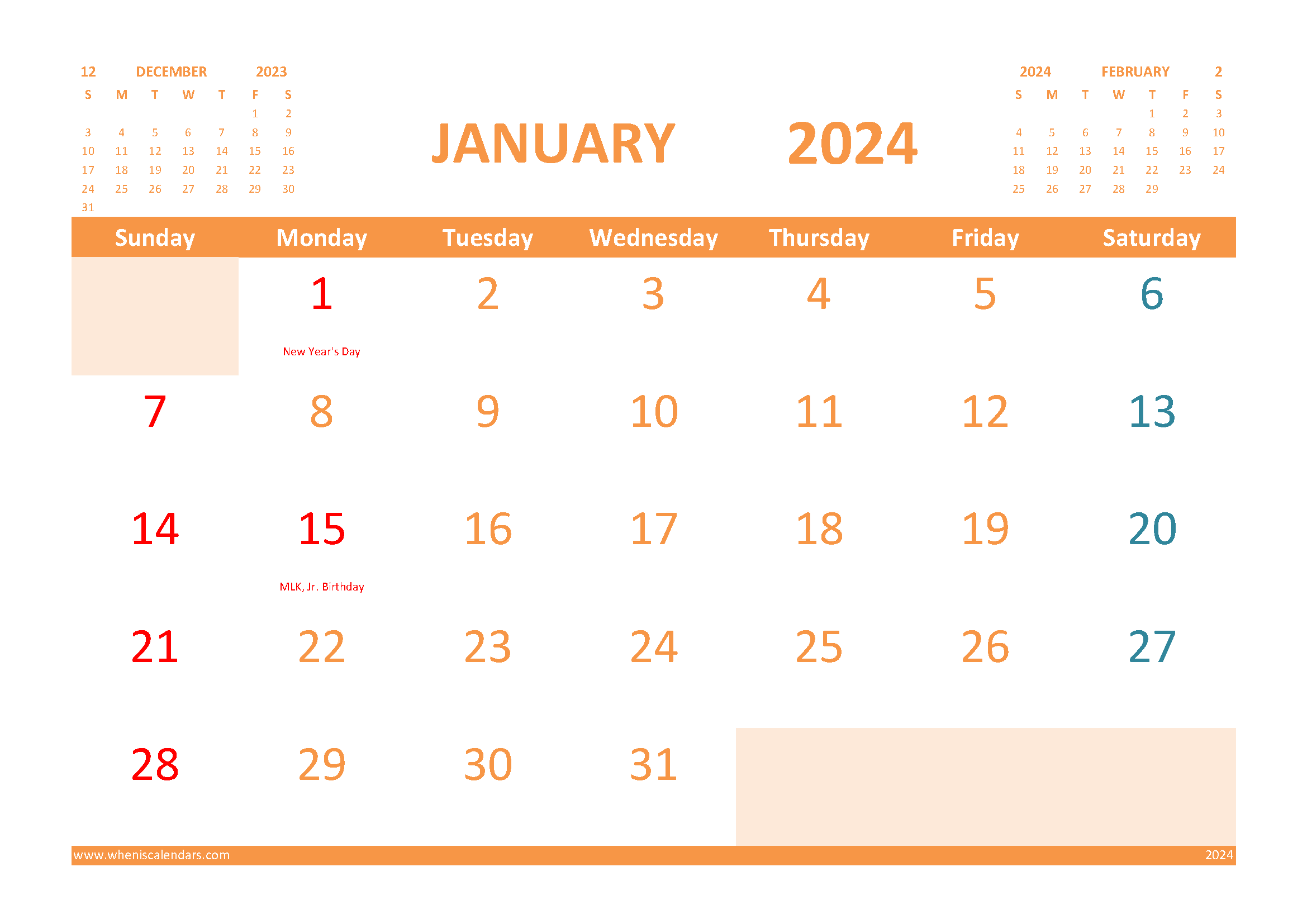 Free Printable January 2024 Calendar with Holidays width=