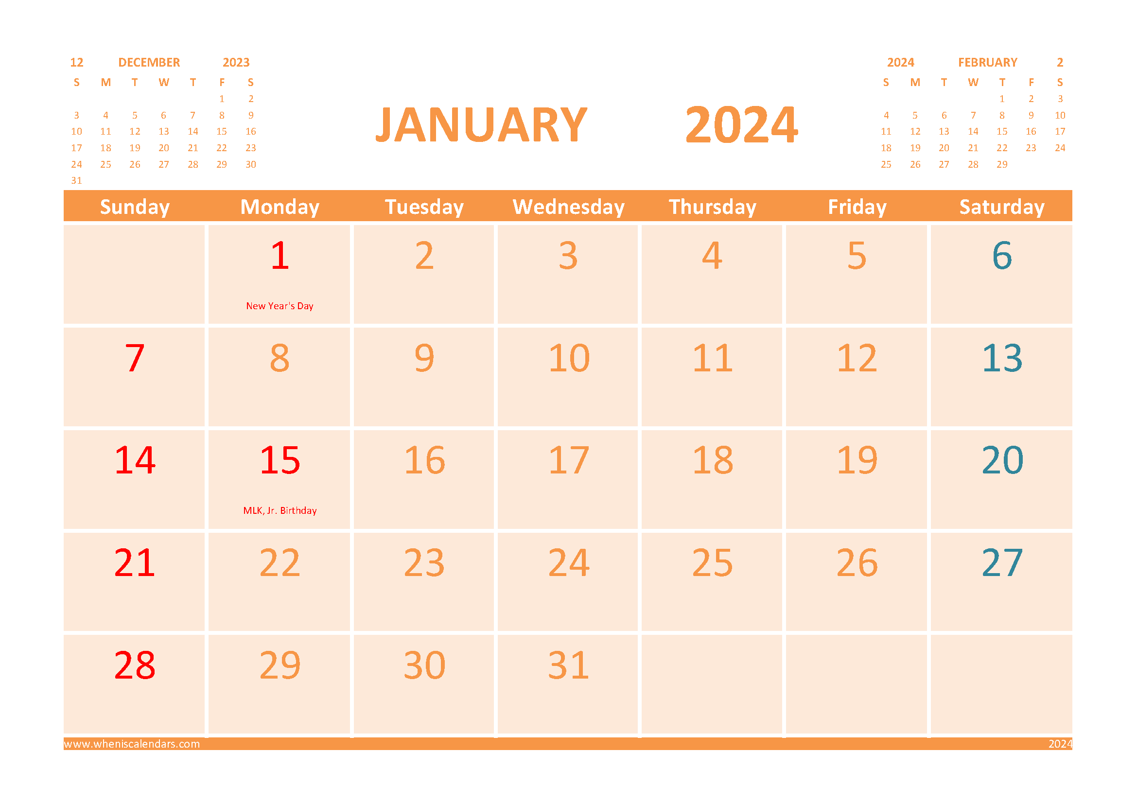 Free January 2024 Calendar Printable with Holidays width=