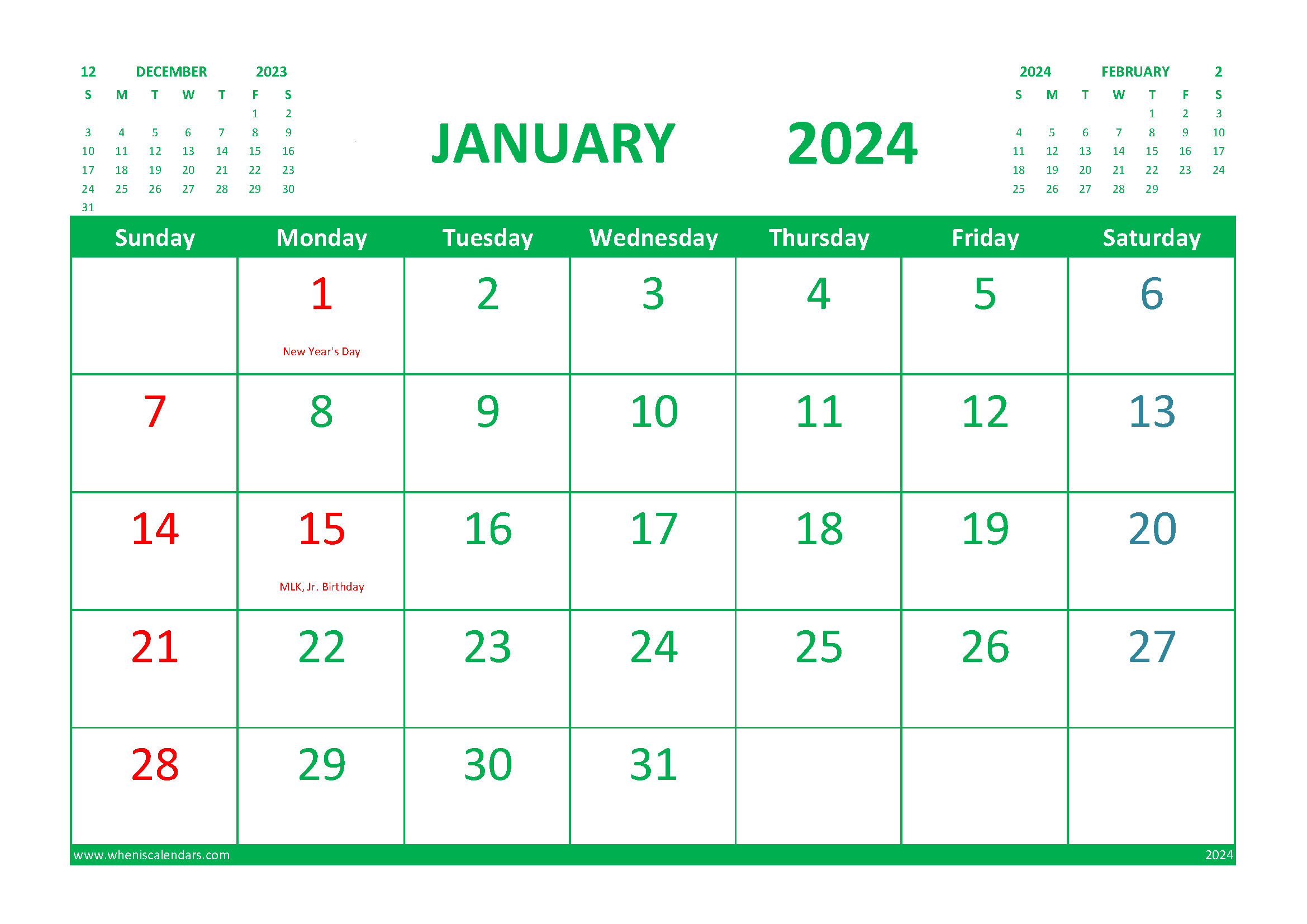 Free Printable Calendar January 2024 with Holidays