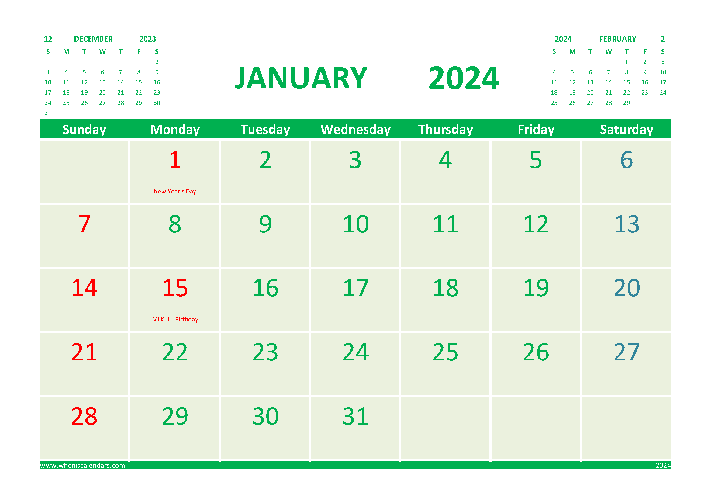 Free 2024 Calendar January Printable with Holidays width=