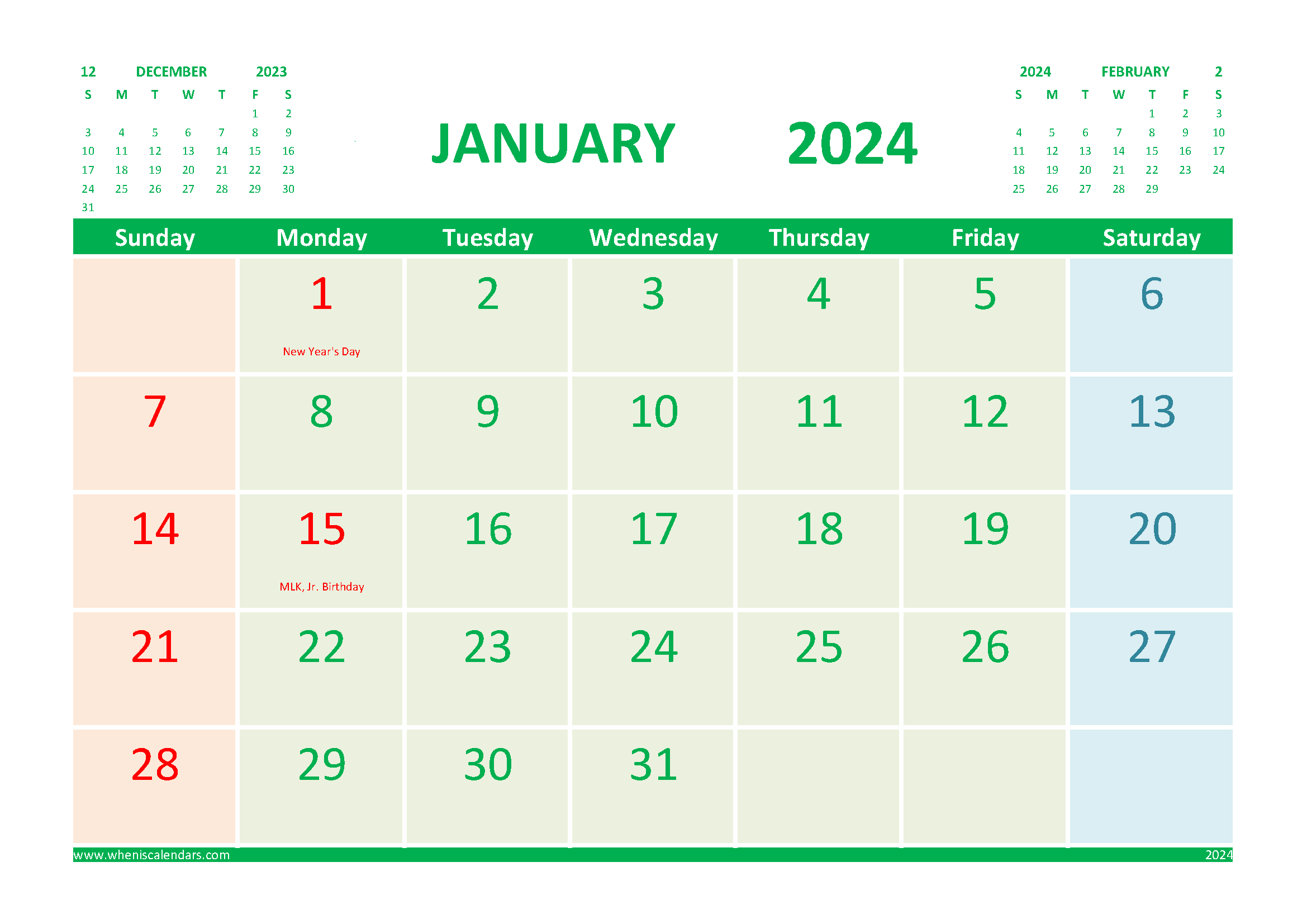 January 2024 Calendar with Holidays Printable for Free width=