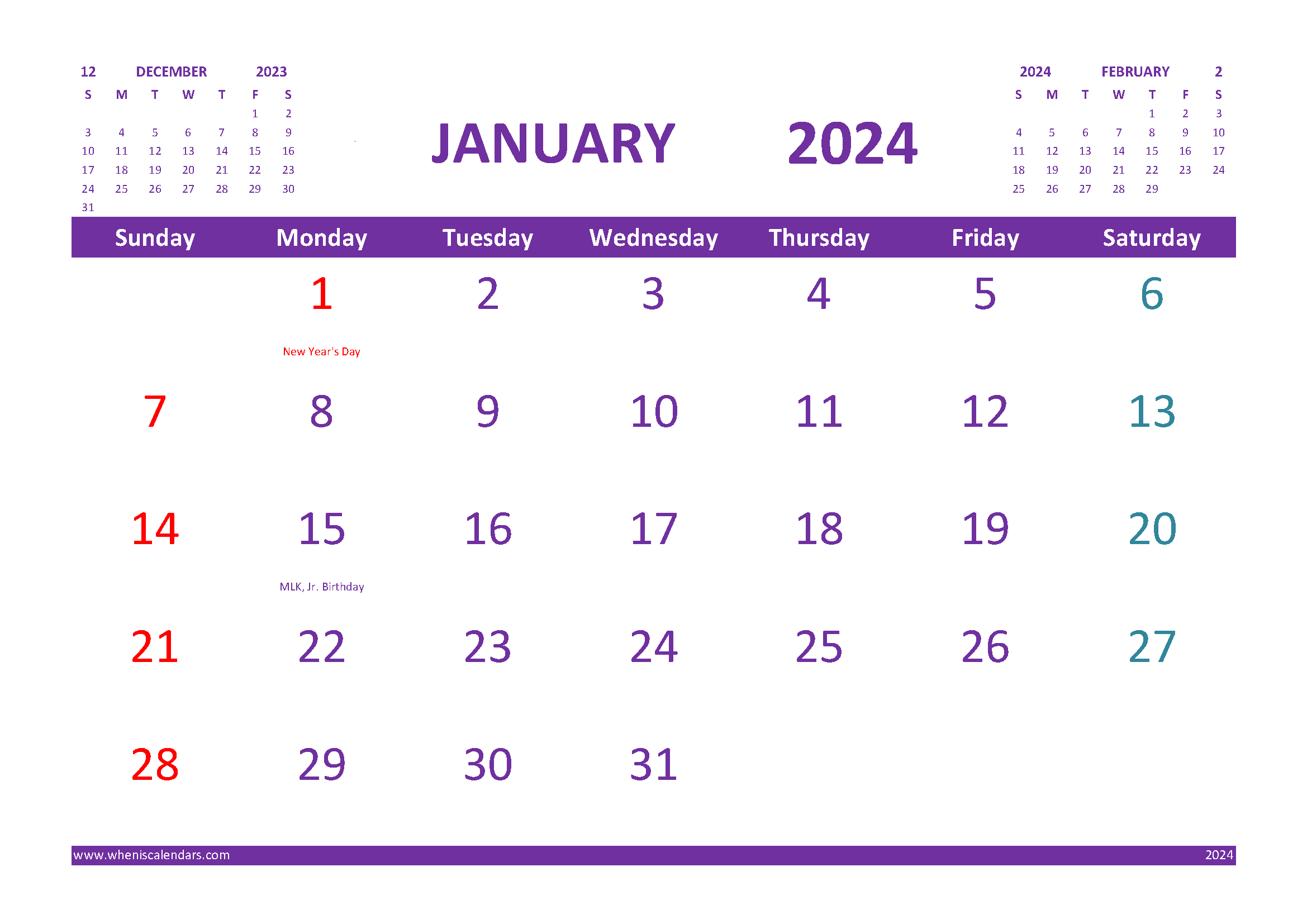 Free Printable Calendar for January 2024 with Holidays width=
