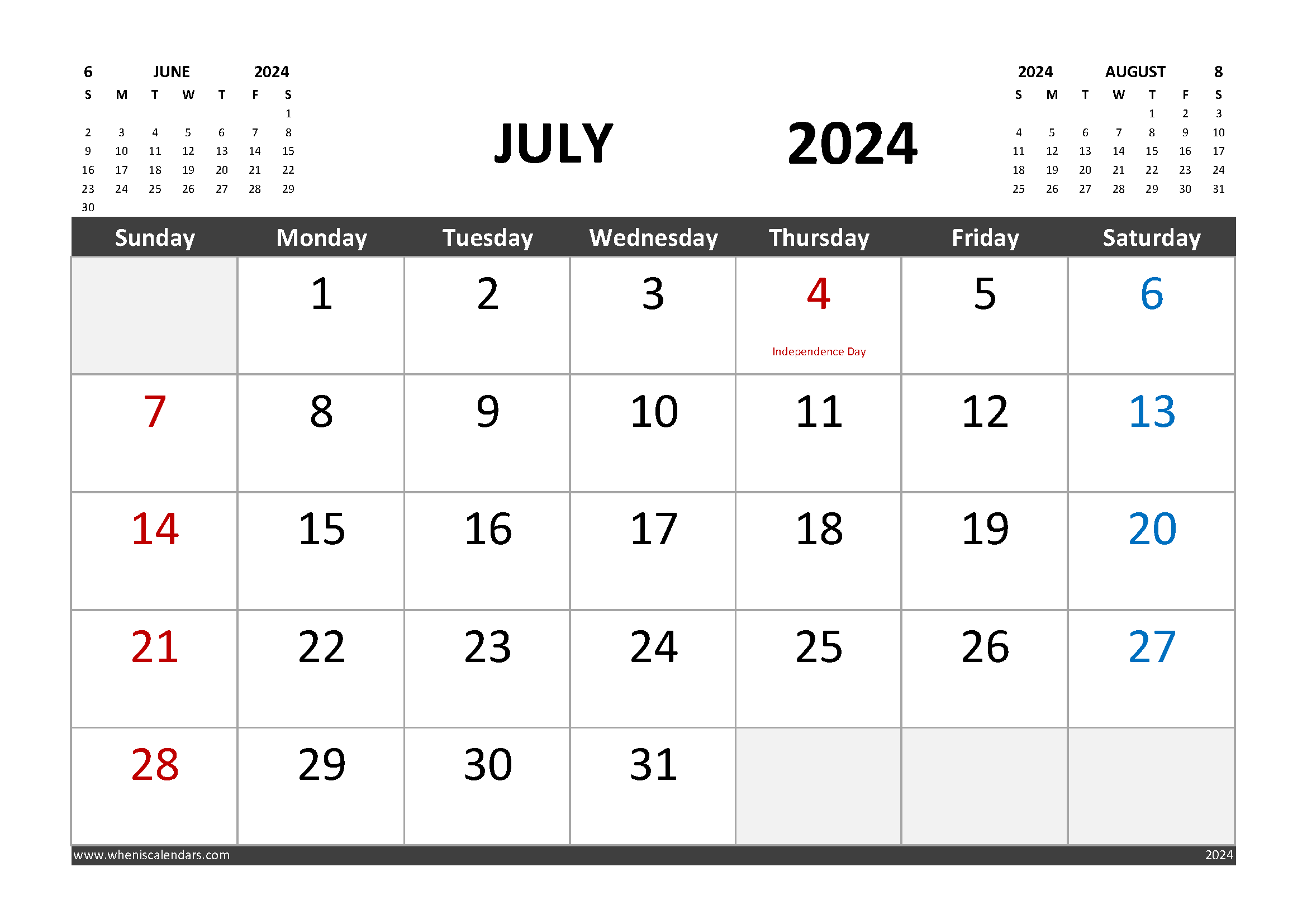 Free Printable July 2024 Calendar with Holidays width=