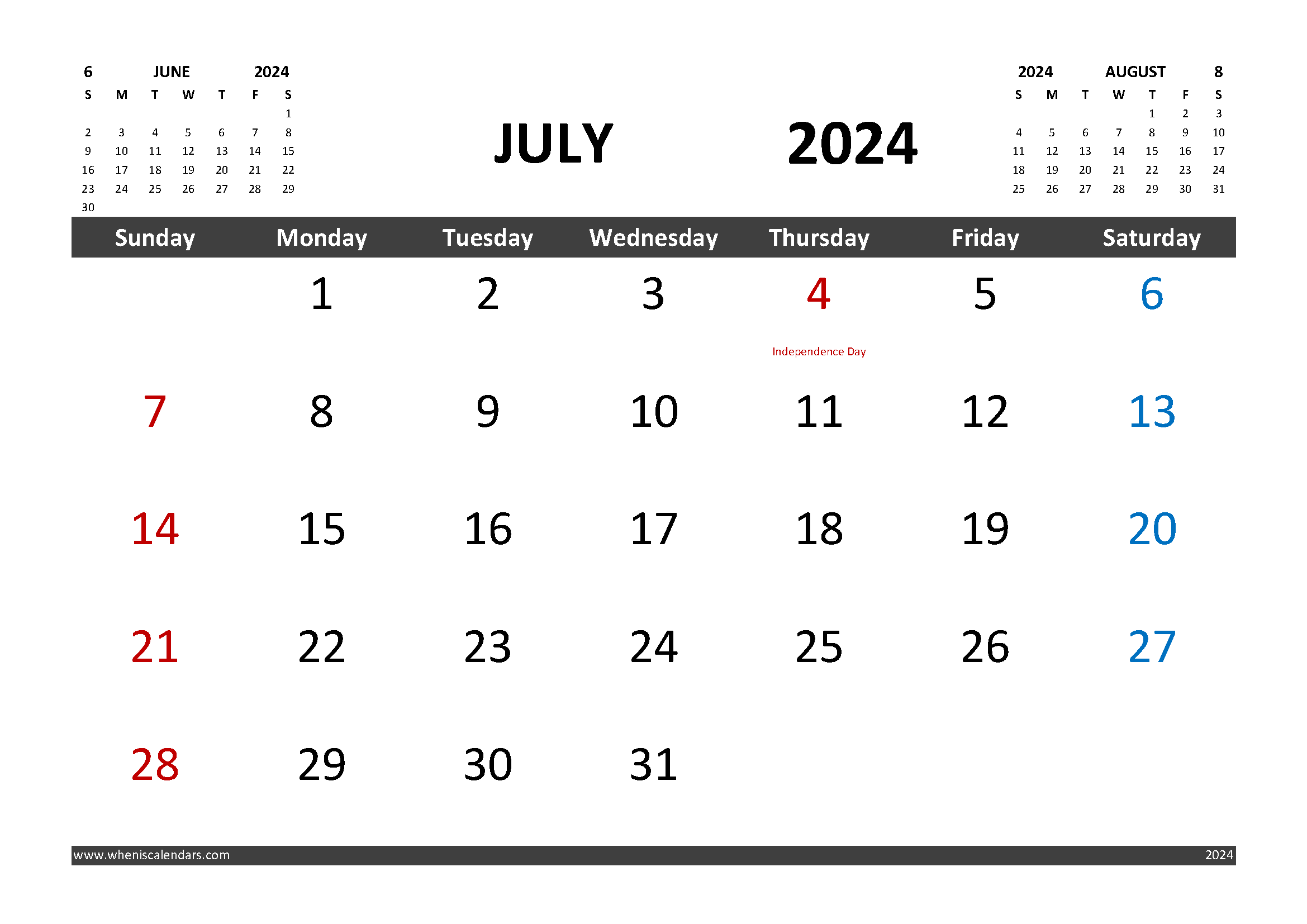 Free July 2024 Calendar Printable with Holidays width=