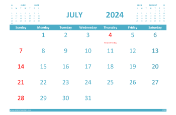 Free 2024 Calendar July Printable with Holidays