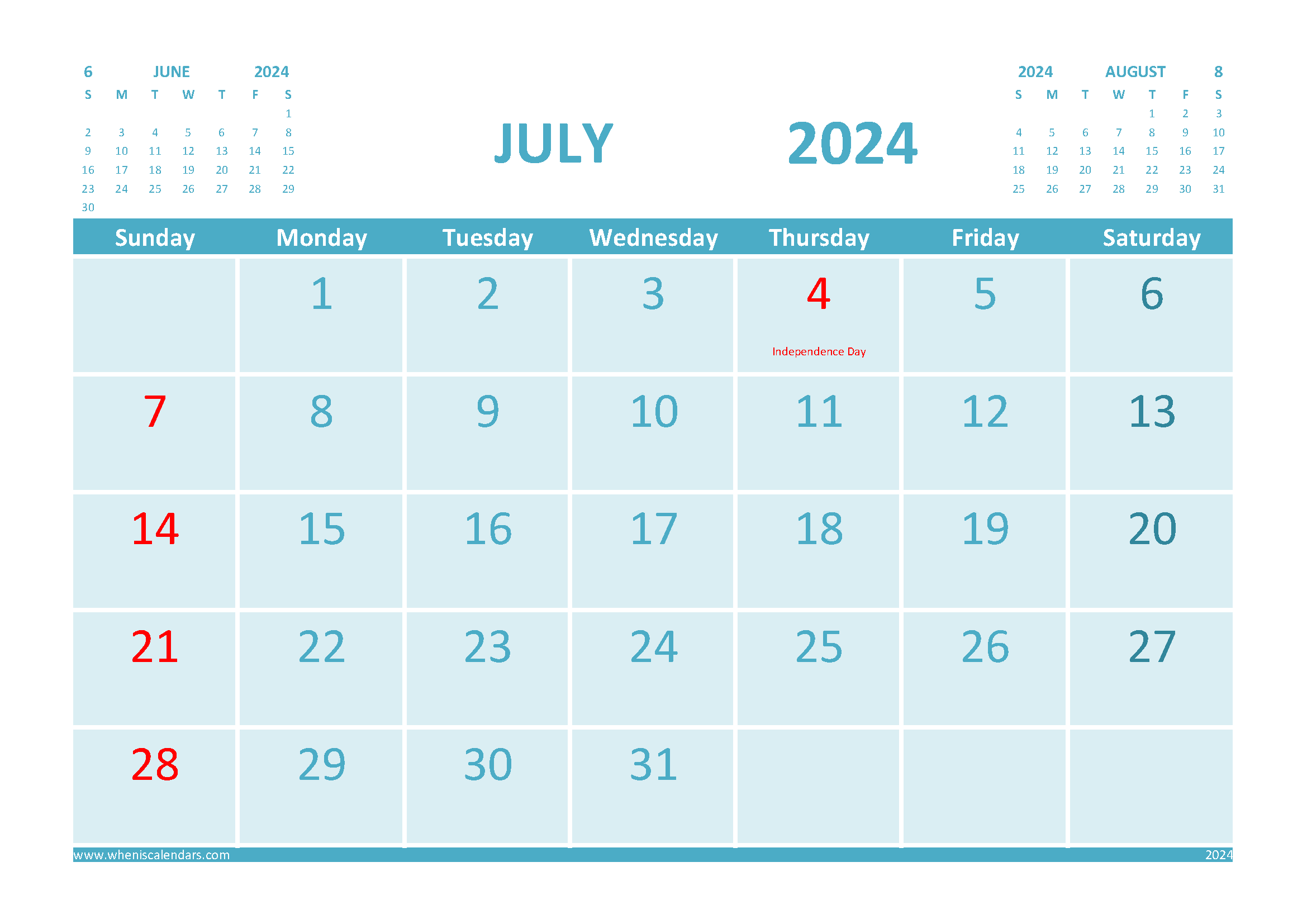 July 2024 Calendar with Holidays Free Printable width=