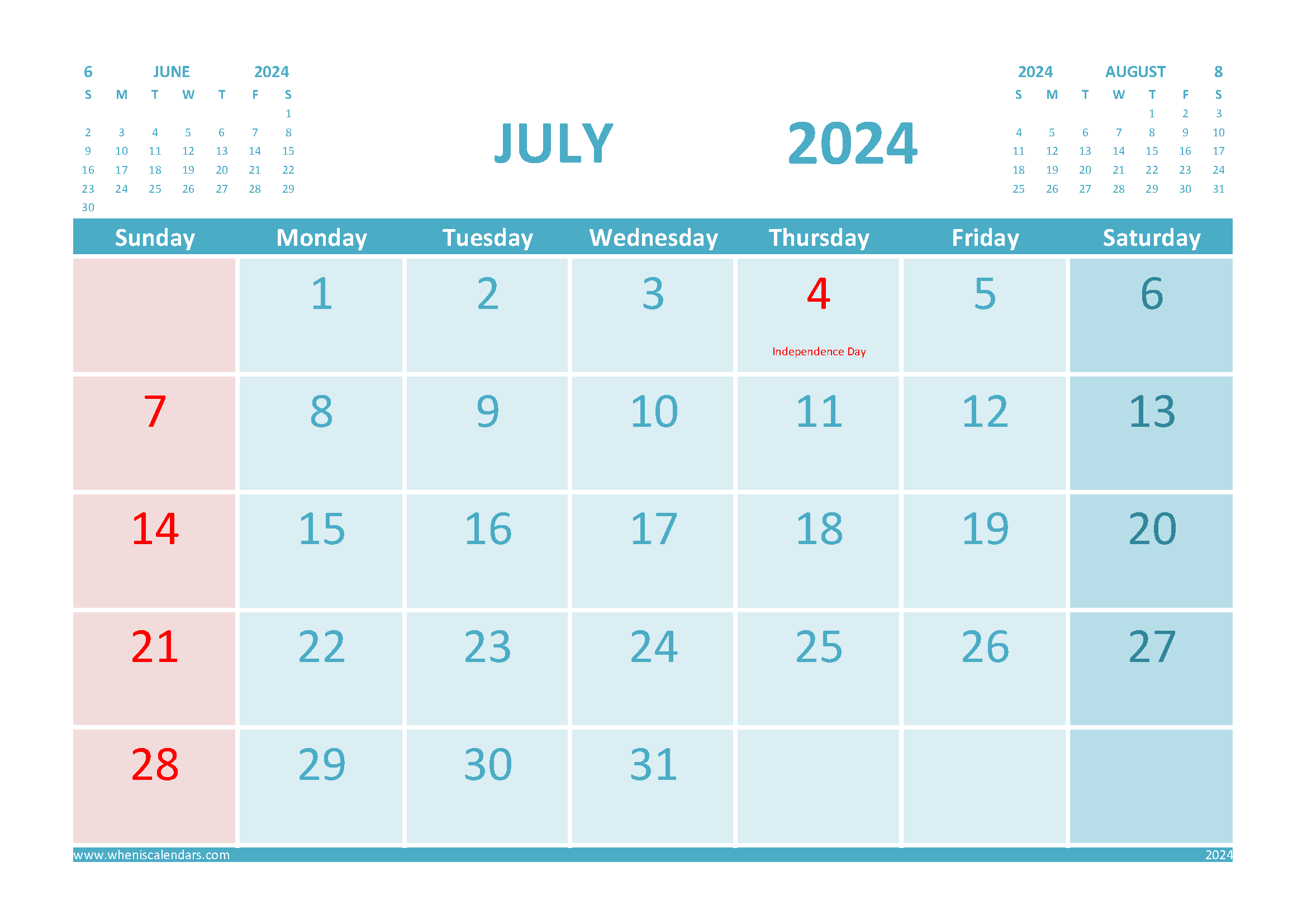 Free Printable Calendar July 2024 with Holidays width=
