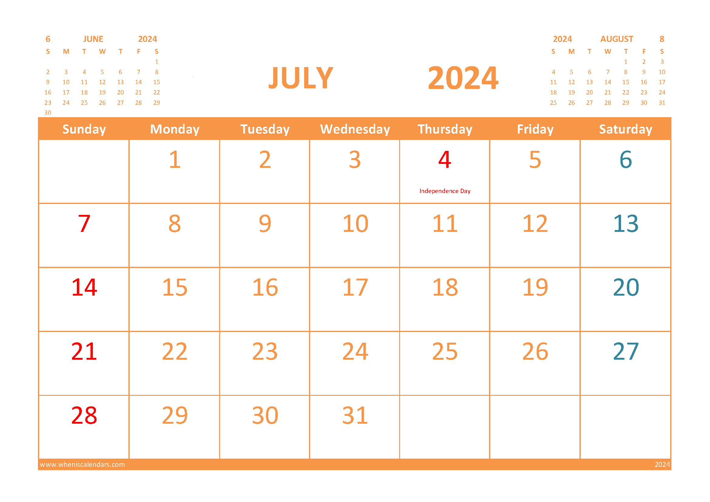 July 2024 Printable Calendar Free with Holidays