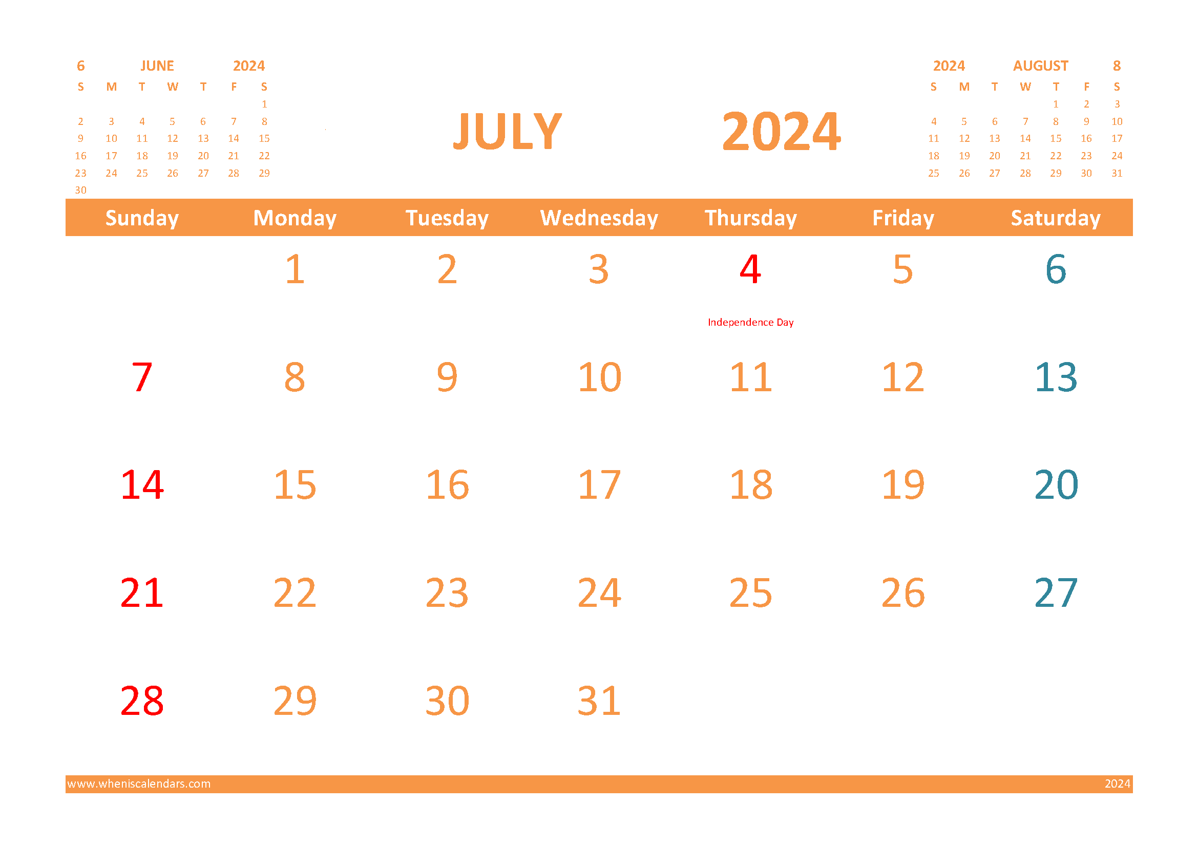 Free July 2024 Calendar with Holidays Printable width=