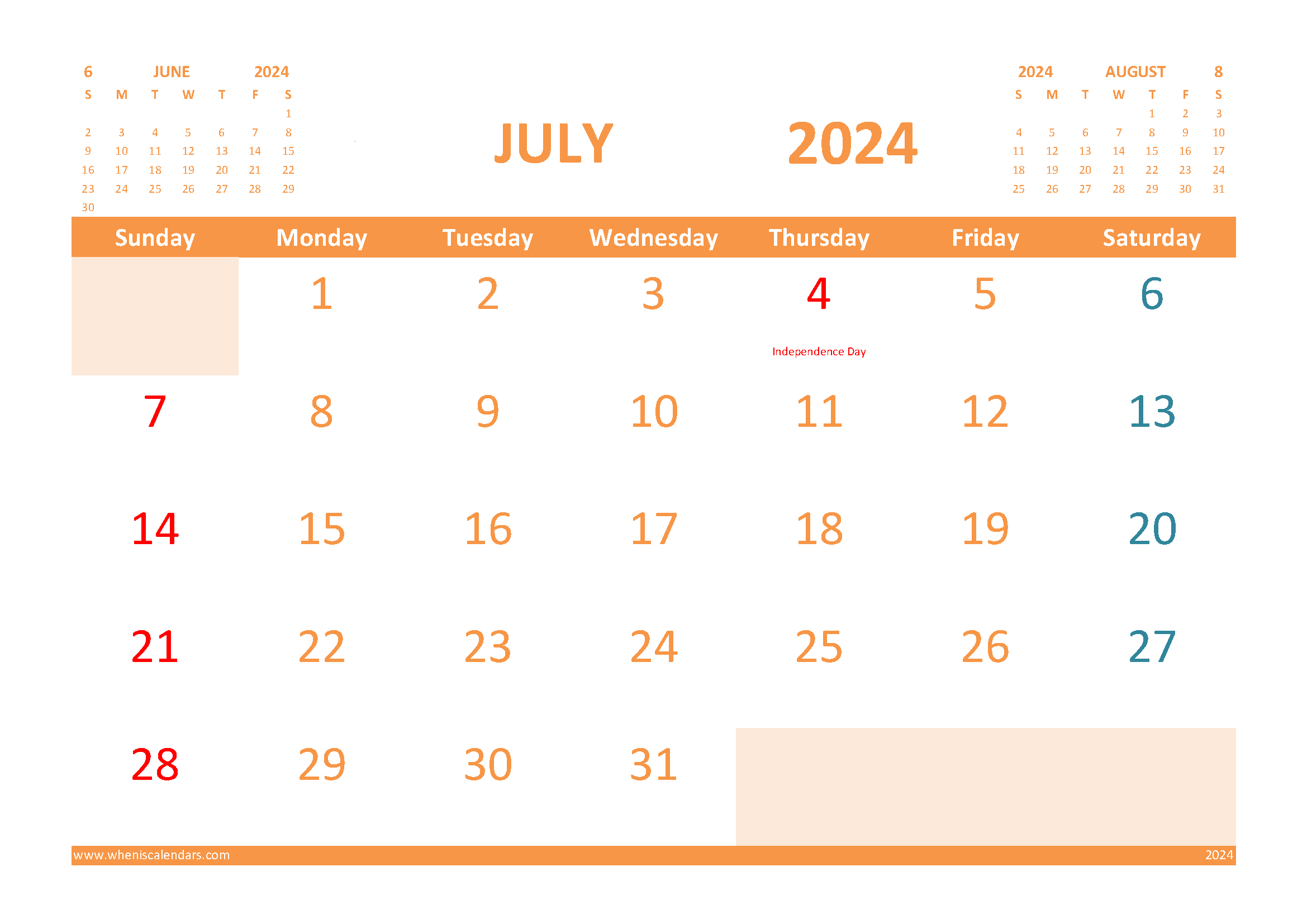 Free Printable July 2024 Calendar with Holidays width=
