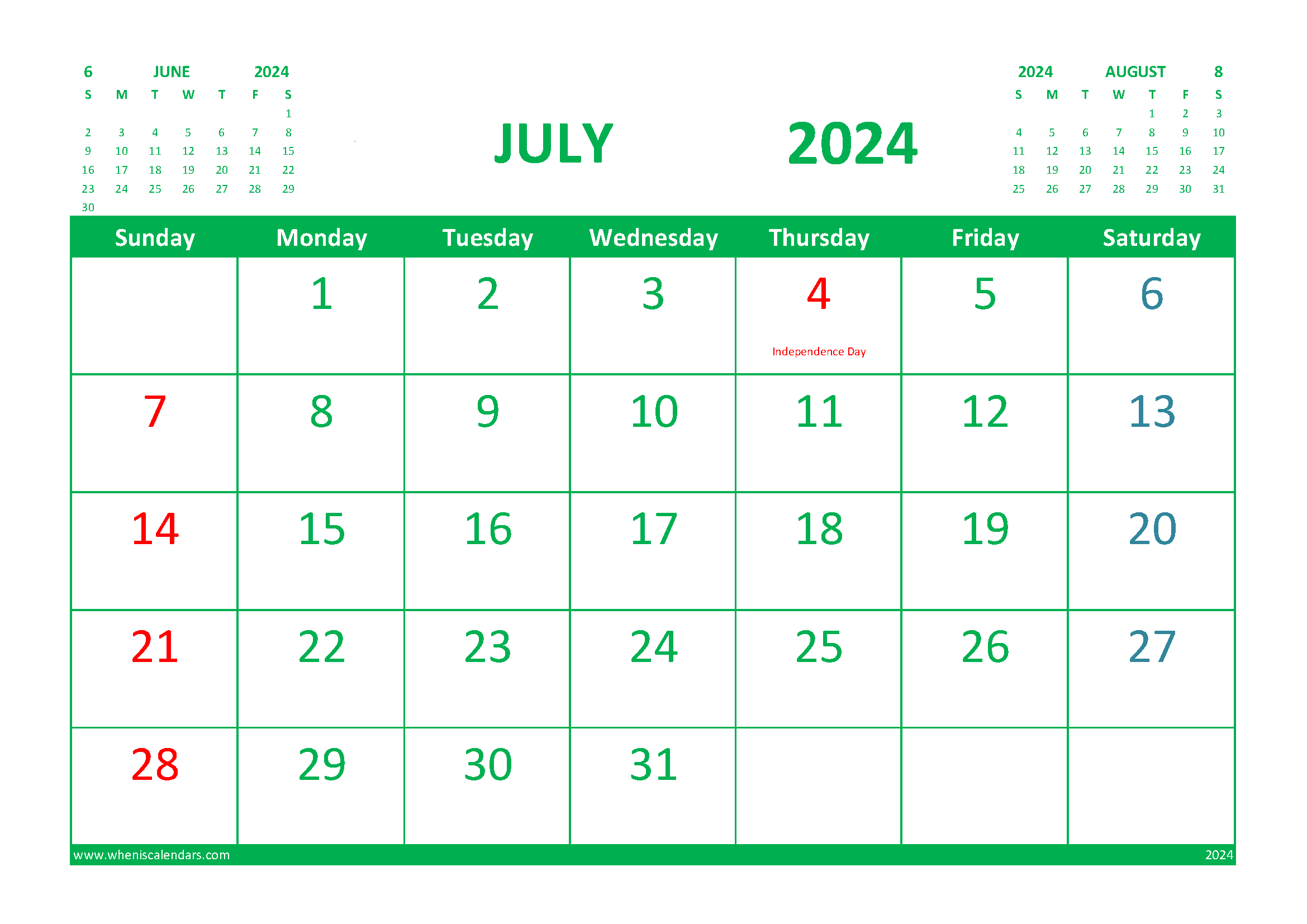 Free Printable Calendar July 2024 with Holidays