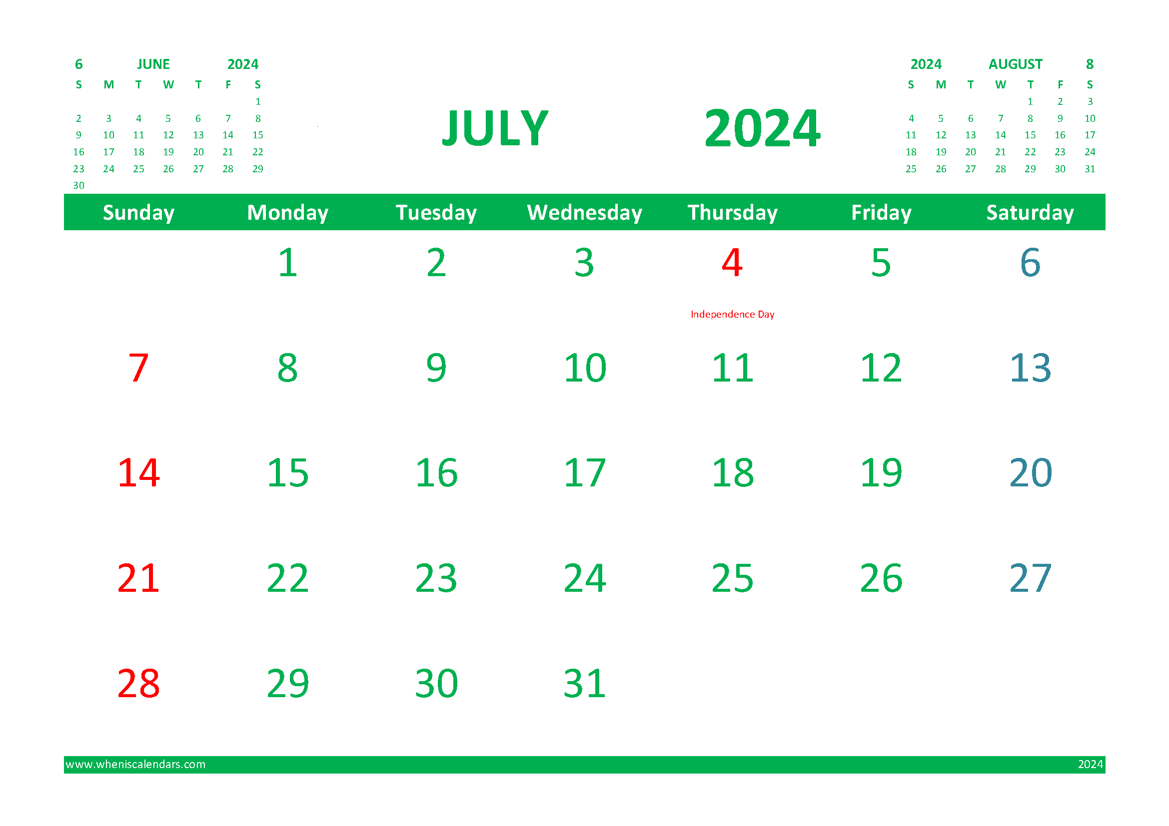 July 2024 Calendar Free Printable with Holidays width=